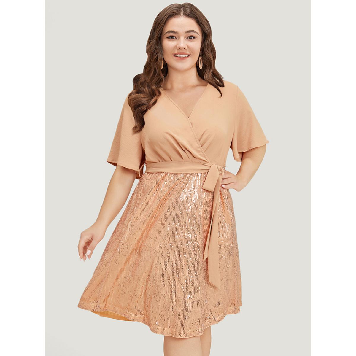 Plus Size Sequin Patchwork Pocket Belted Surplice Neck Ruffle Dress Apricot Women Party Lined V-neck Short sleeve Curvy Knee Dress BloomChic 18-20/2X Product Image