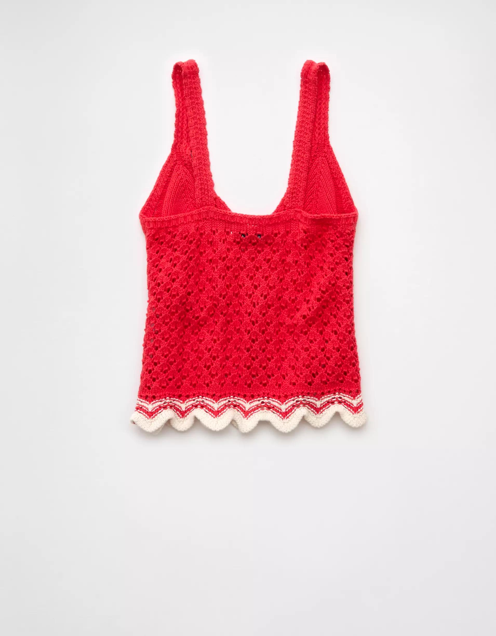 AE V-Neck Pointelle Scalloped Crochet Tank Top Product Image