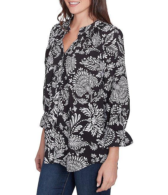 Ruby Rd. Woven Floral Mandarin Collar 3/4 Sleeve Button-Front Top Product Image