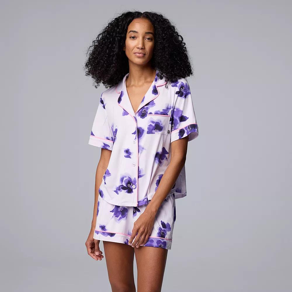 Women's Simply Vera Vera Wang 2-Piece Short Sleeve Notch Collar Pajama Top & Boxer Pajama Bottoms Set, Size: XXL, Purple Floral Product Image