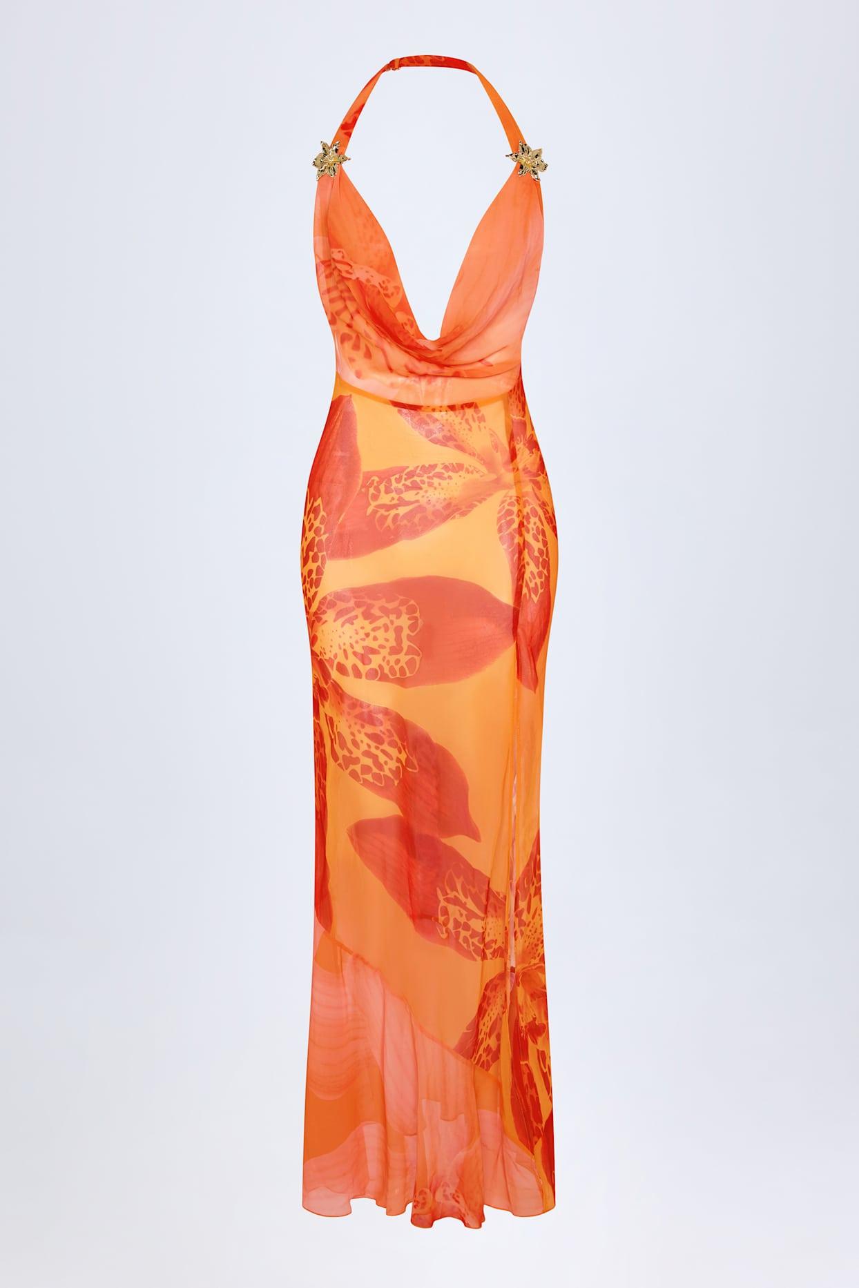Cowl-Neck Hardware-Detail Maxi Dress in Orange Orchid Print Product Image