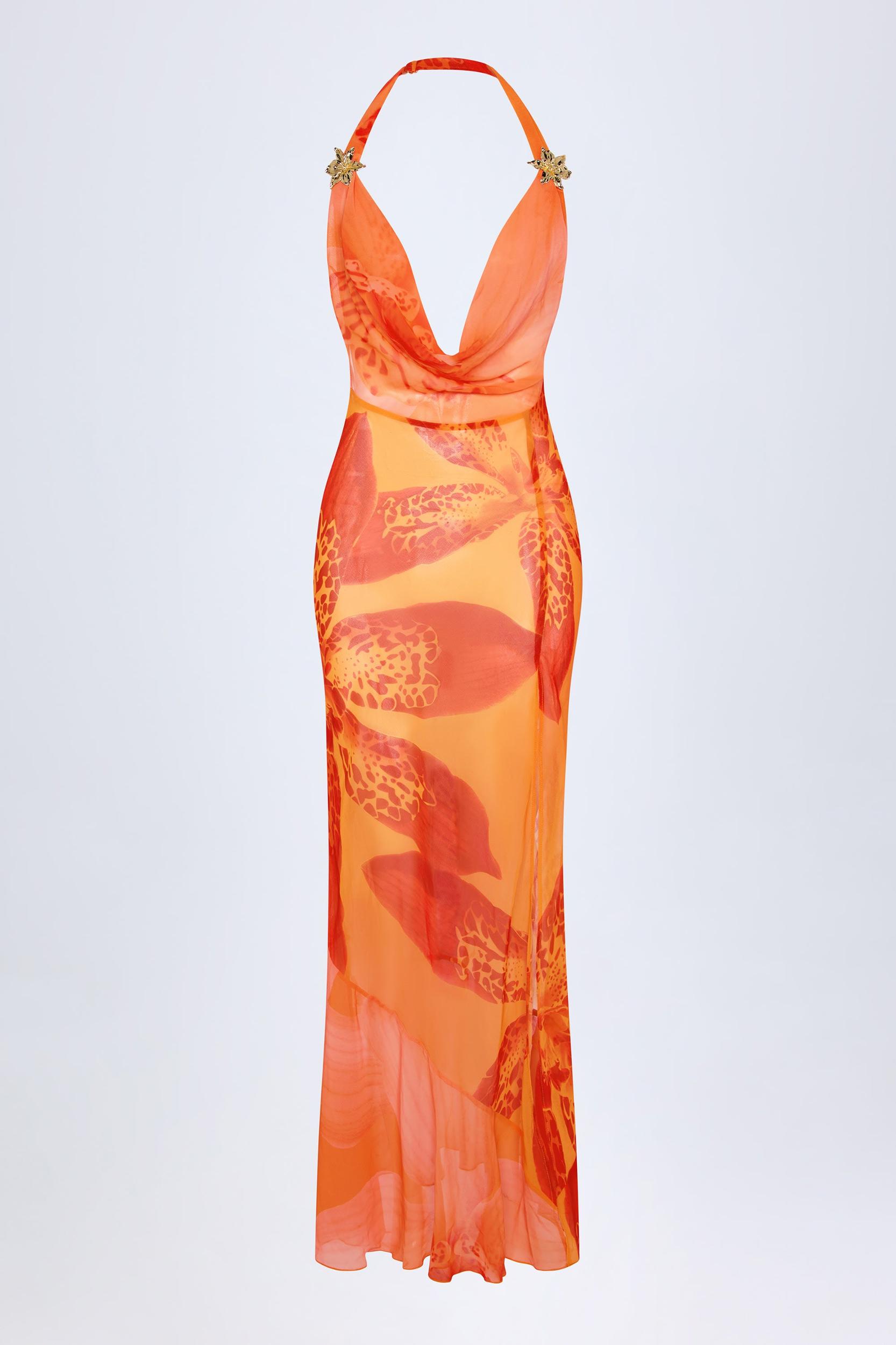 Cowl-Neck Hardware-Detail Maxi Dress in Orange Orchid Print Product Image