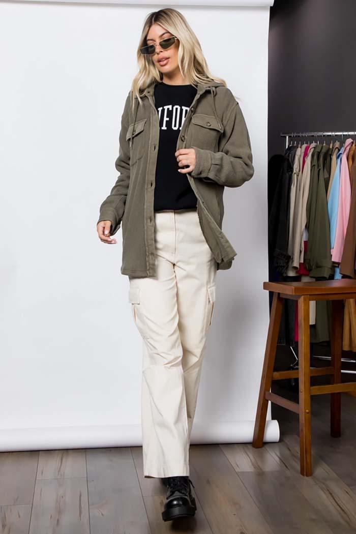 Heavy Waffle Knit Hoodie Shacket Product Image