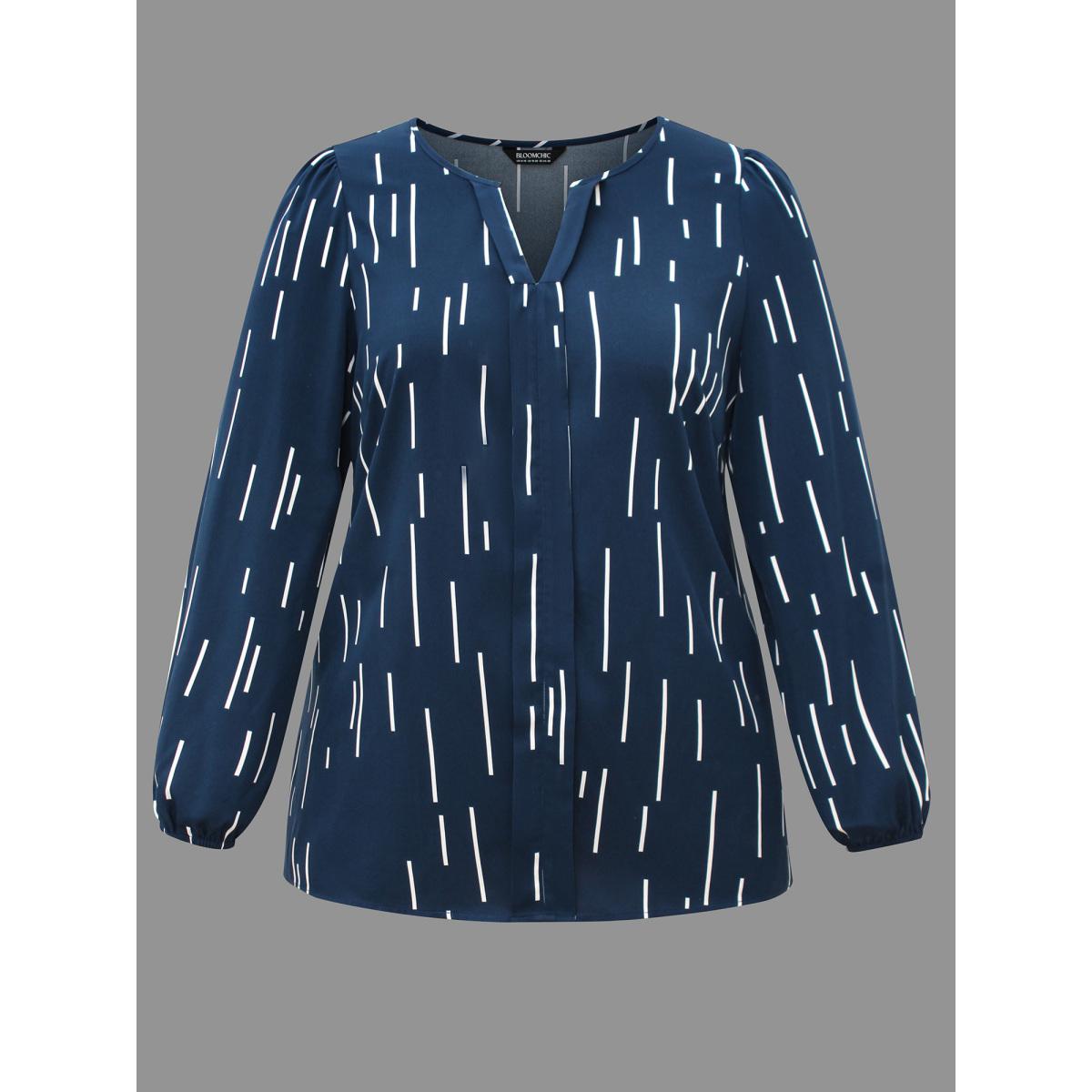Plus Size Indigo Geometric Print Notched Collar Blouse Women At the Office Long Sleeve Notched collar Work Blouses BloomChic 22-24/3X Product Image
