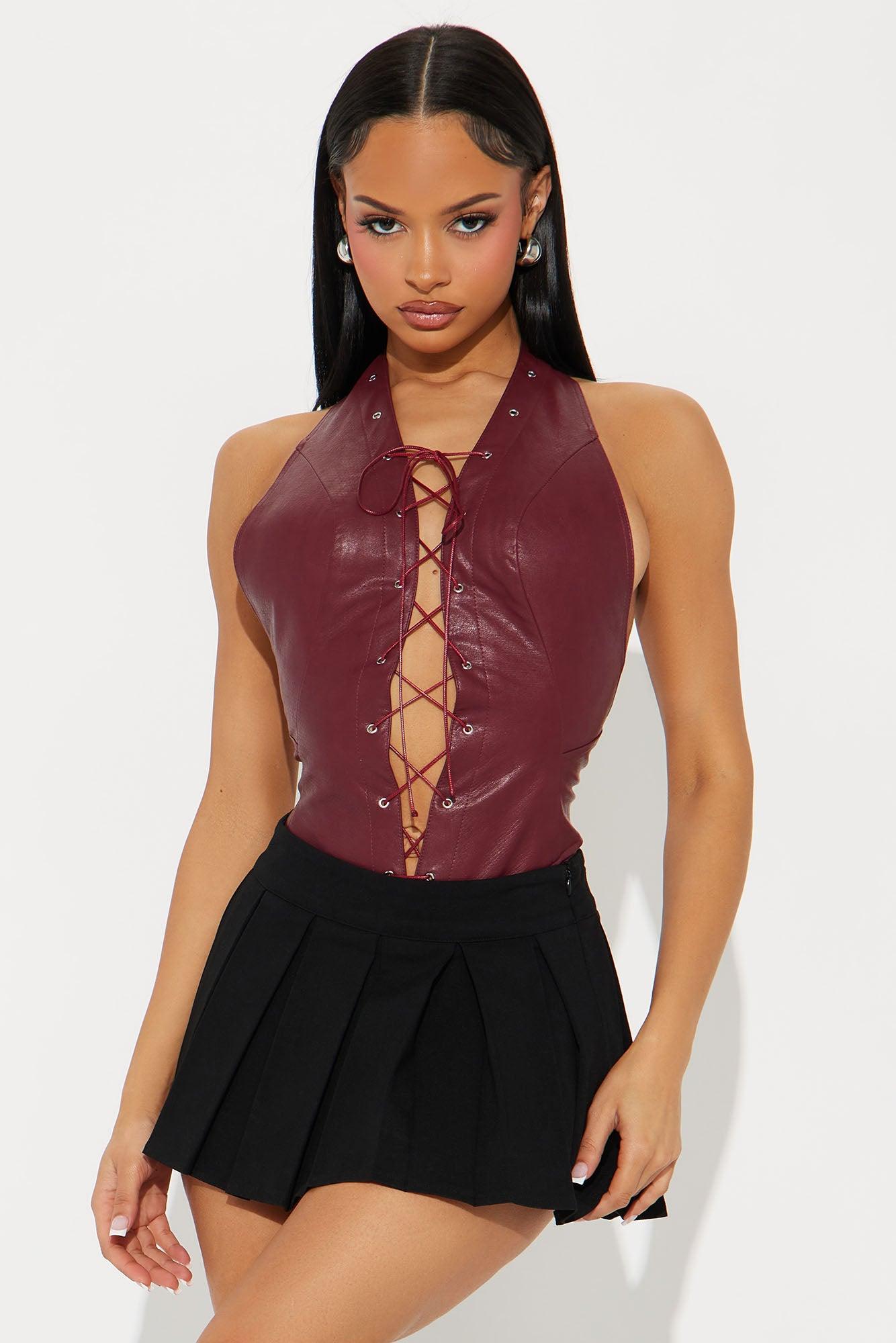 Hottie Babe Faux Leather Bodysuit - Burgundy Product Image