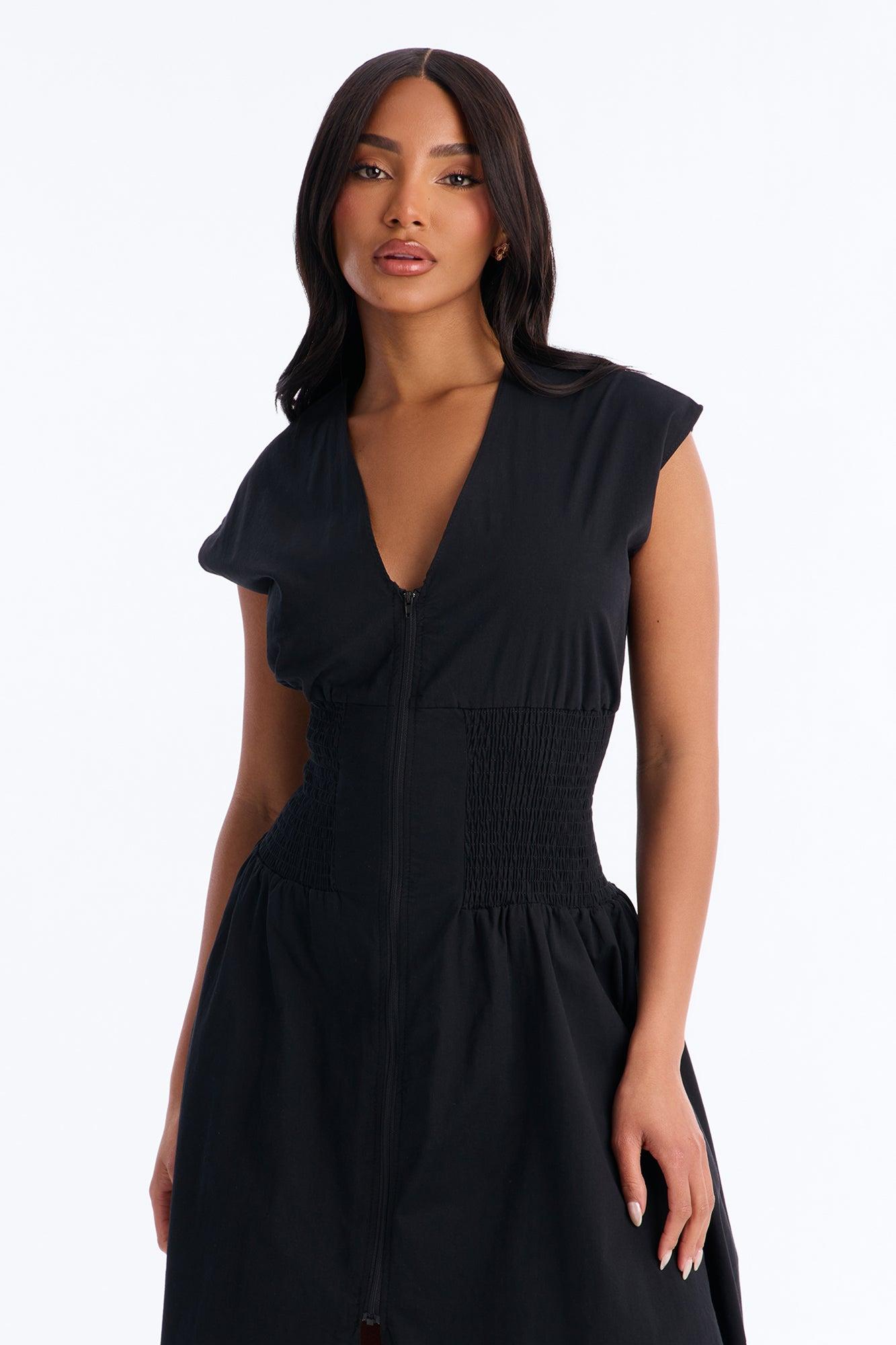 Too Busy Cinched Waist Midi Dress - Black Female Product Image
