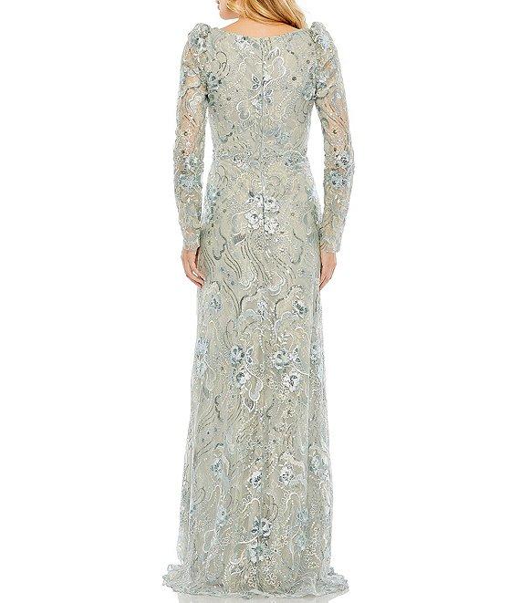 Mac Duggal Illusion Embroidered Lace V-Neck Long Puff Sleeve Trumpet Gown Product Image