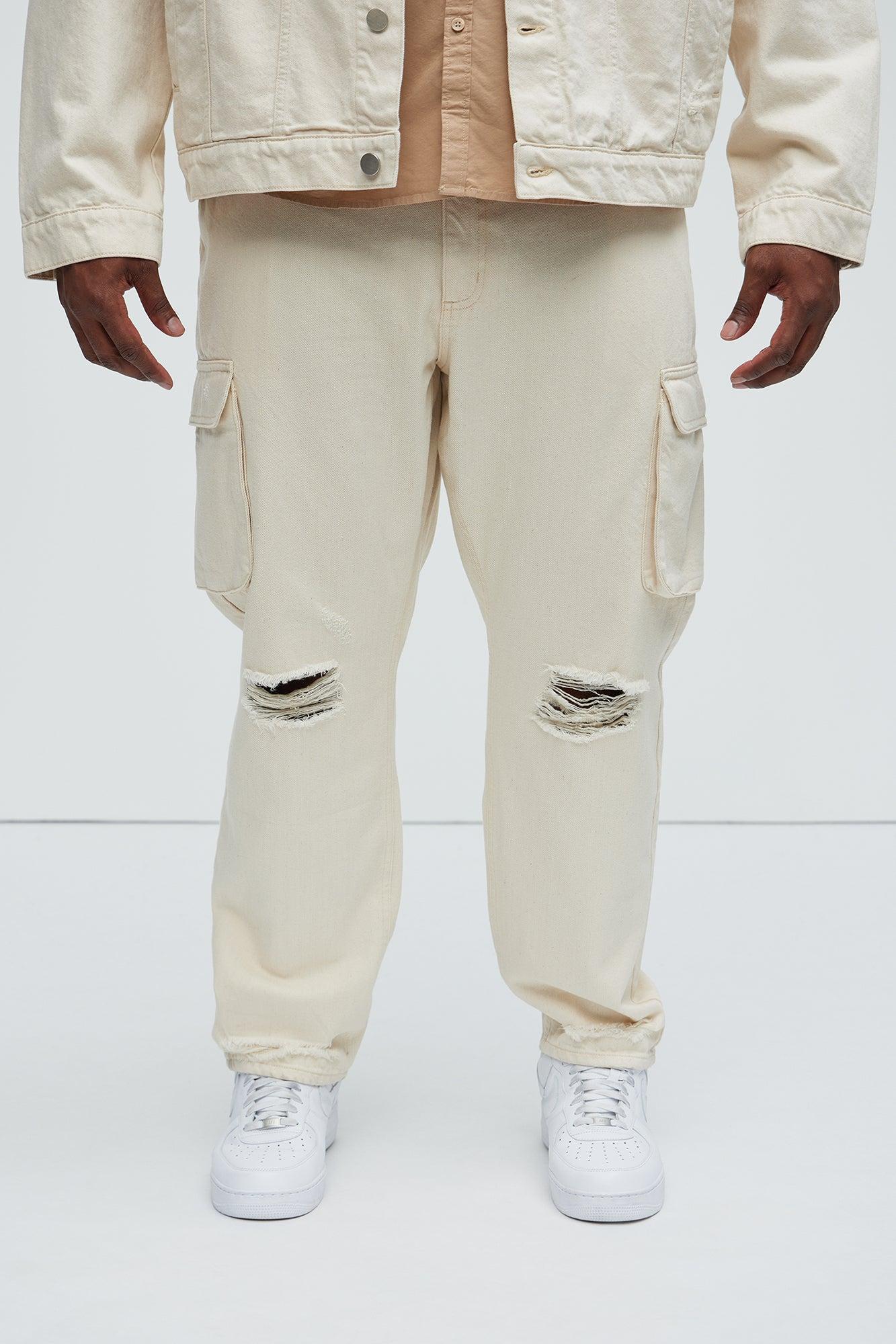 Benson Distressed Slim Cargo Pants - Cream Product Image