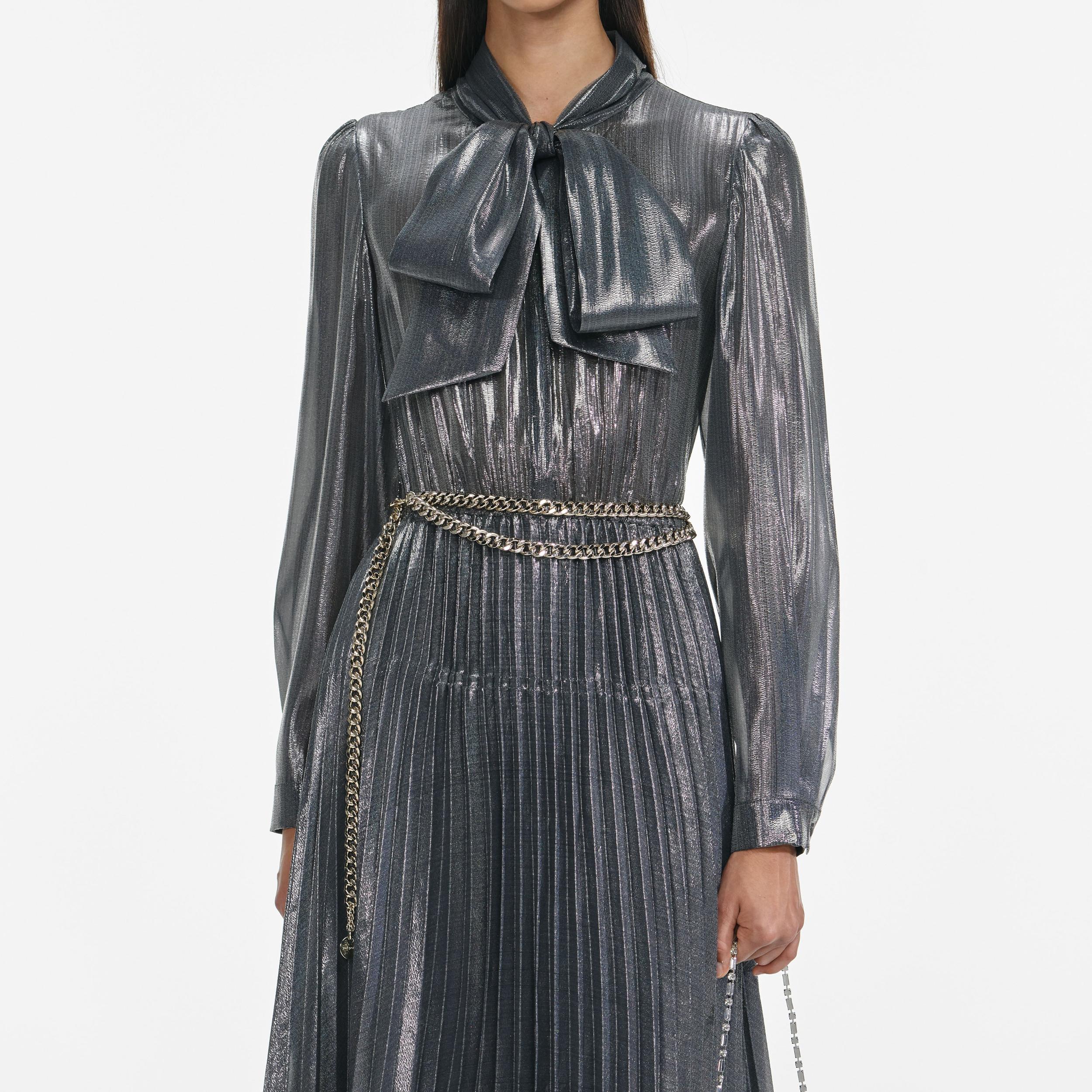 Grey Metallic Pussy Bow Maxi Dress Product Image