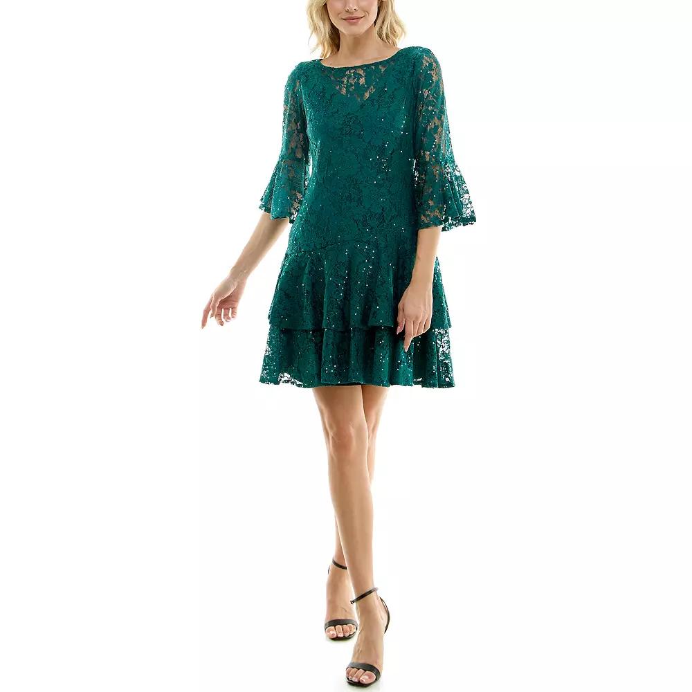 Women's Gabby Skye All Over Lace Bell Sleeve Mini Dress,  Product Image