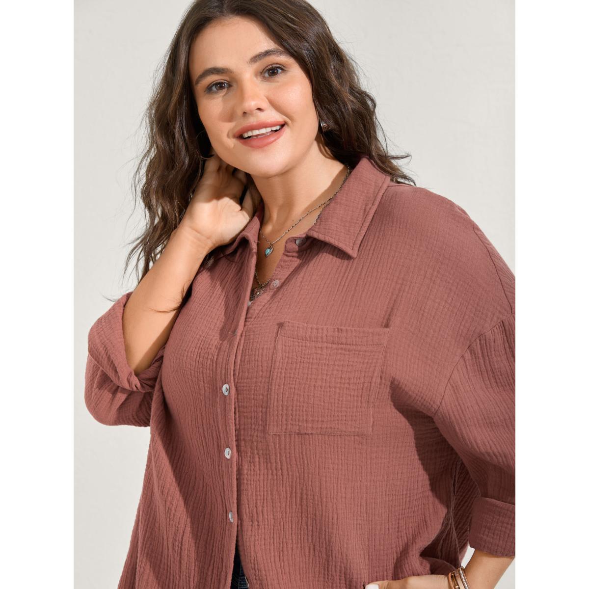 Plus Size Pure Cotton Long Button Down Jacket Women Rust Texture Loose Patch pocket Vacation Jackets BloomChic 30/6X Product Image