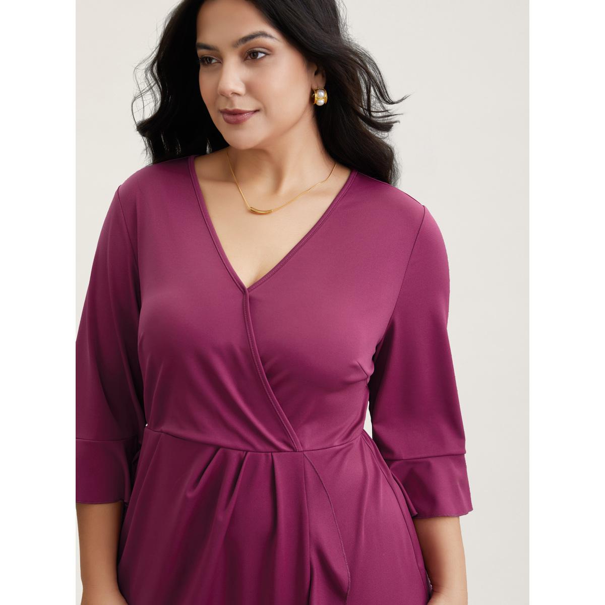 Plus Size Flared V-Neck Fake Wrap Midi Dress Deeppurplered Women Elegant Overlapping Knit Dresses Bloomchic 22-24/3X Product Image