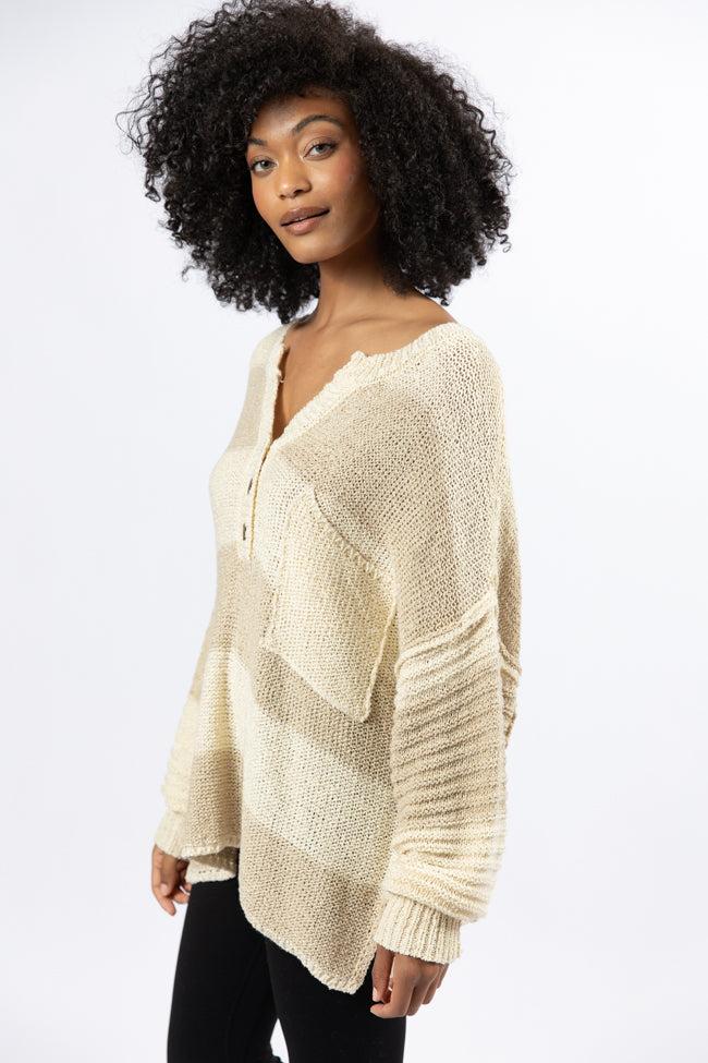 Know You Best Beige Oversized Striped Henley Sweater Product Image