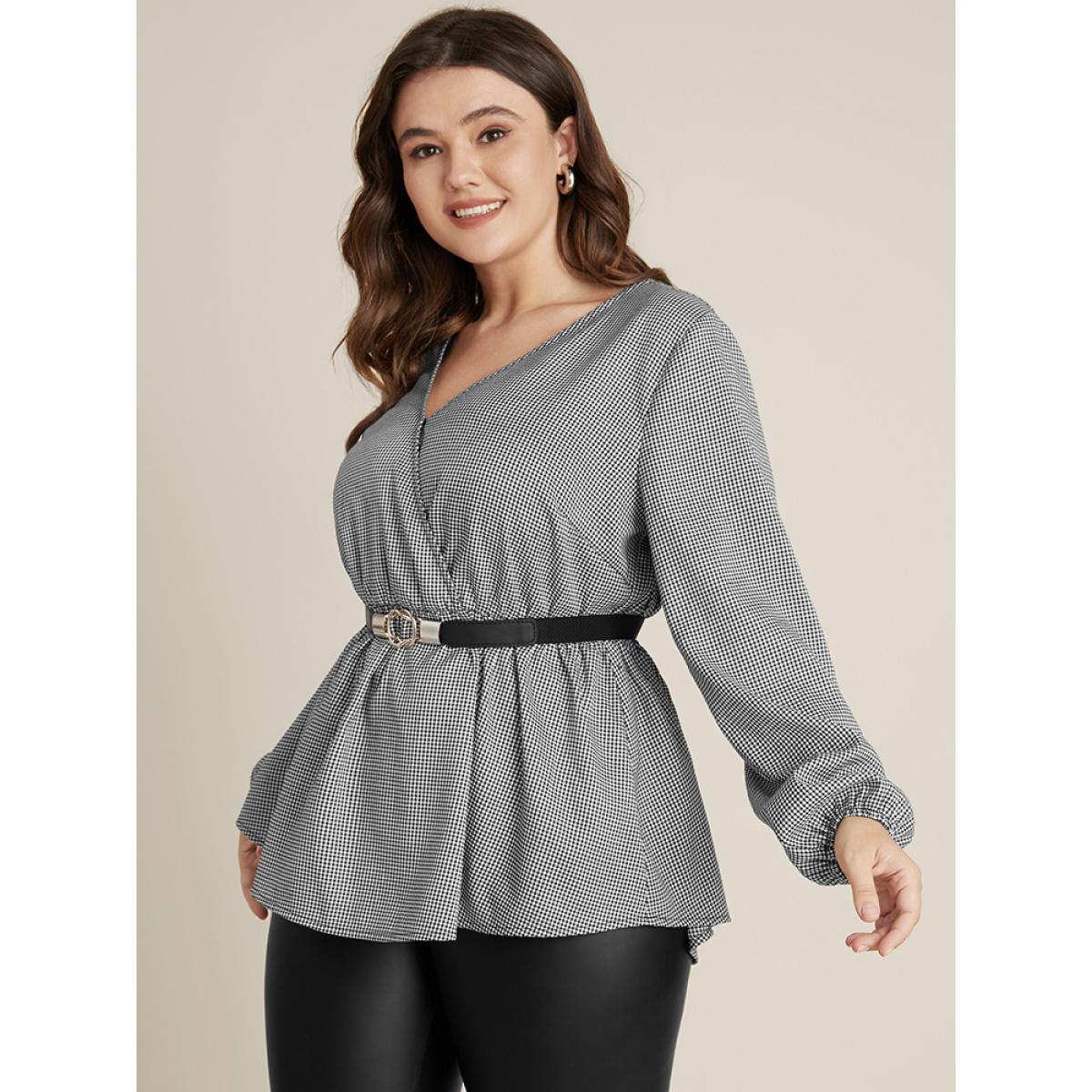 Plus Size Black Houndstooth Lantern Sleeve Wrap Blouse Without Belt Women Elegant Long Sleeve V-neck Dailywear Blouses BloomChic 14-16/1X Product Image