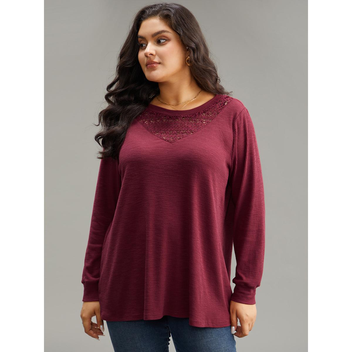 Plus Size Solid Lace Insert Crew Neck Cut Out T-shirt Burgundy Women Elegant Patchwork Plain Round Neck Dailywear T-shirts BloomChic 28/5X Product Image