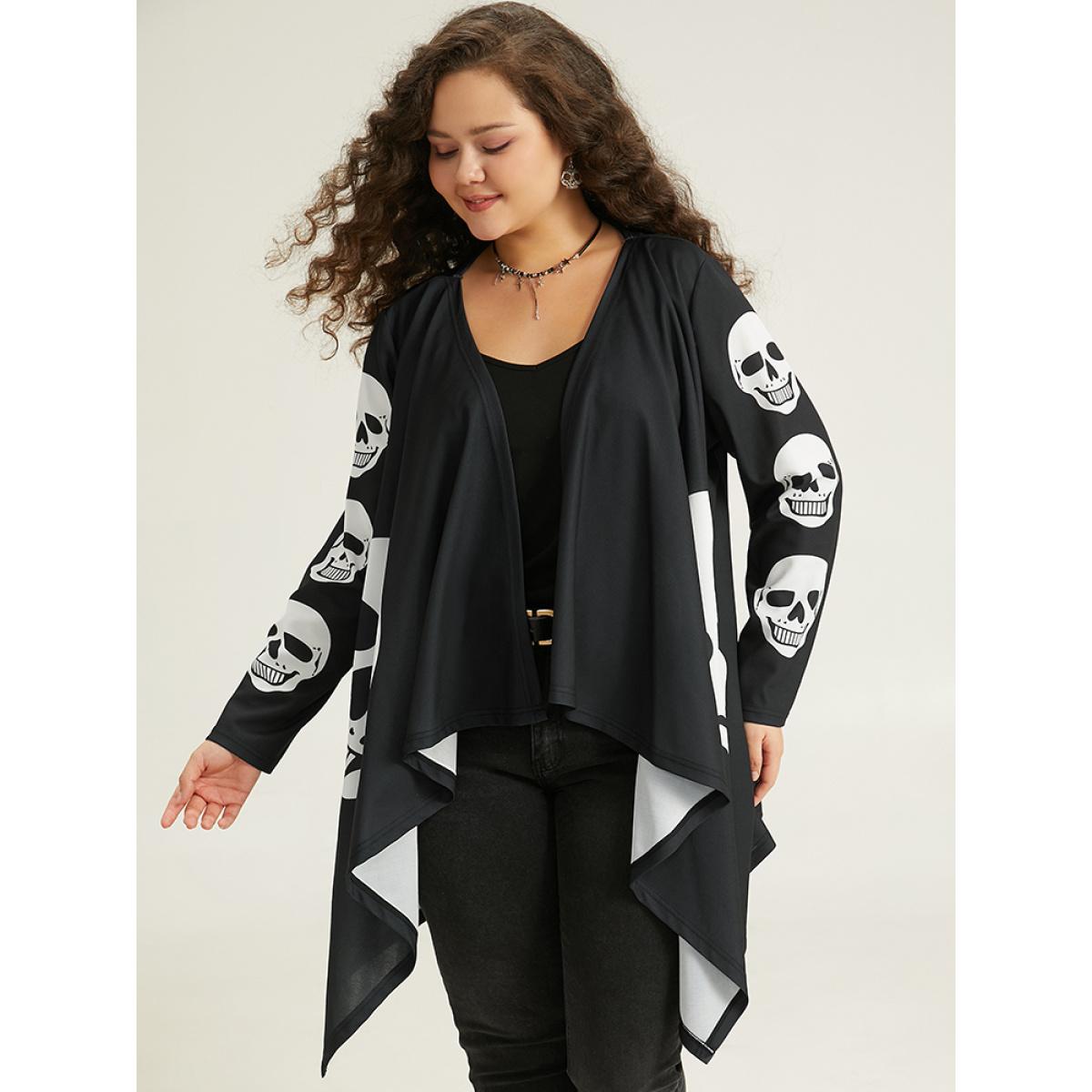Plus Size Halloween Skull Print Asymmetrical Hem Drape Kimono Women Black Casual Drape Loose Dailywear Kimonos BloomChic 14-16/1X Product Image