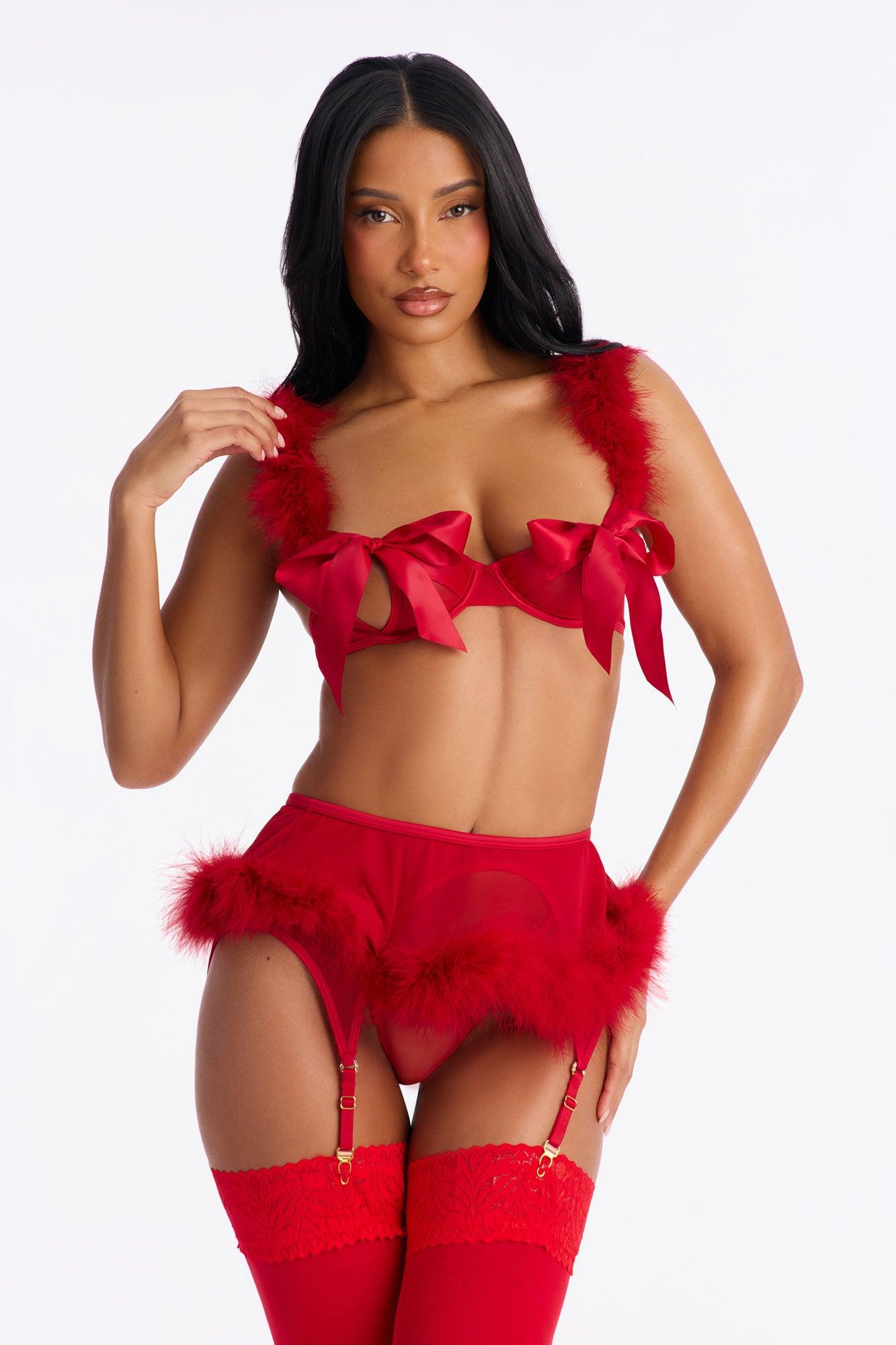 She's A Doll 3 Piece Mesh Bra And Panty Garter Set - Red Female Product Image