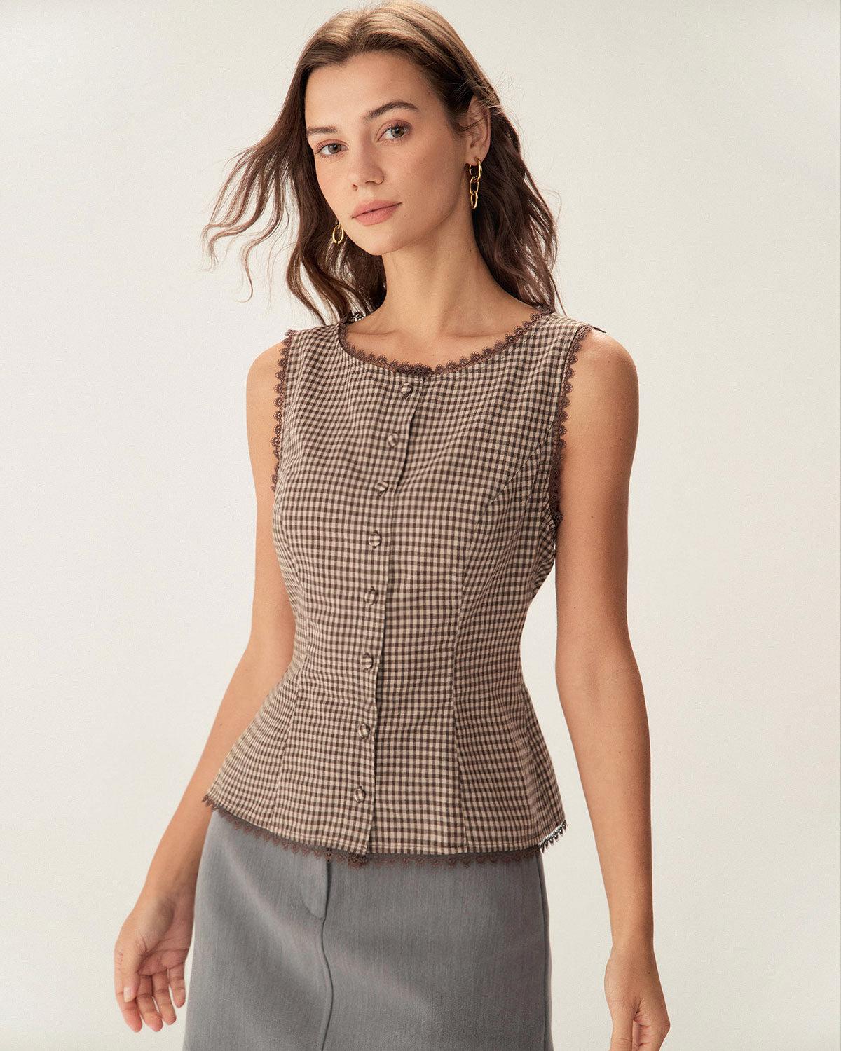 Brown Plaid Single Breasted Vest Product Image