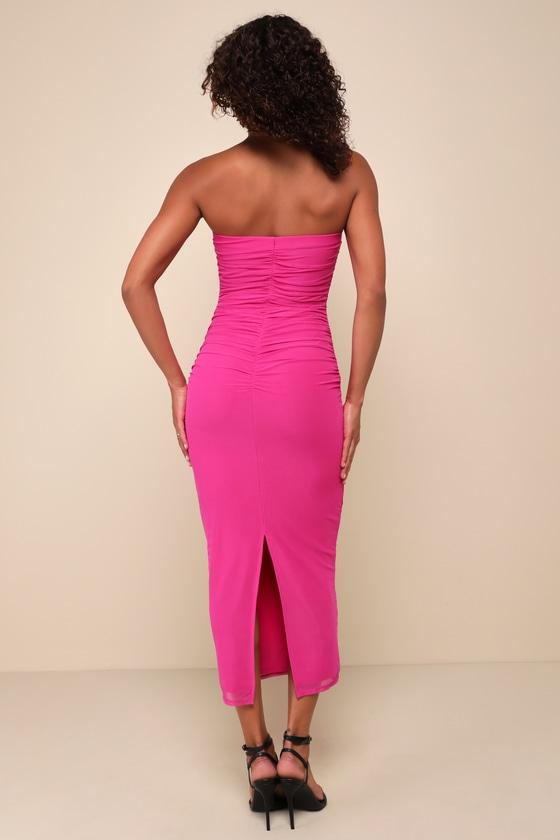 Late Night Crush Magenta Mesh Ruched Strapless Midi Dress Product Image