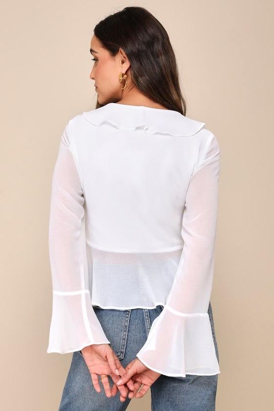 Thriving Flirt White Chiffon Ruffled Long Sleeve Tie-Front Top Product Image
