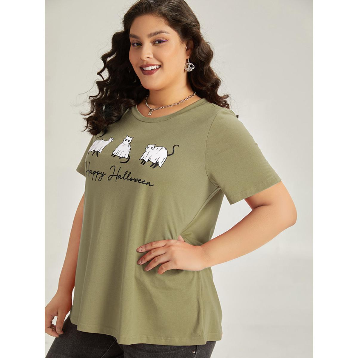 Plus Size Halloween Letter & Animals Crew Neck T-shirt OrangeRed Women Casual Printed Halloween Festival-Halloween T-shirts BloomChic 30/6X Product Image