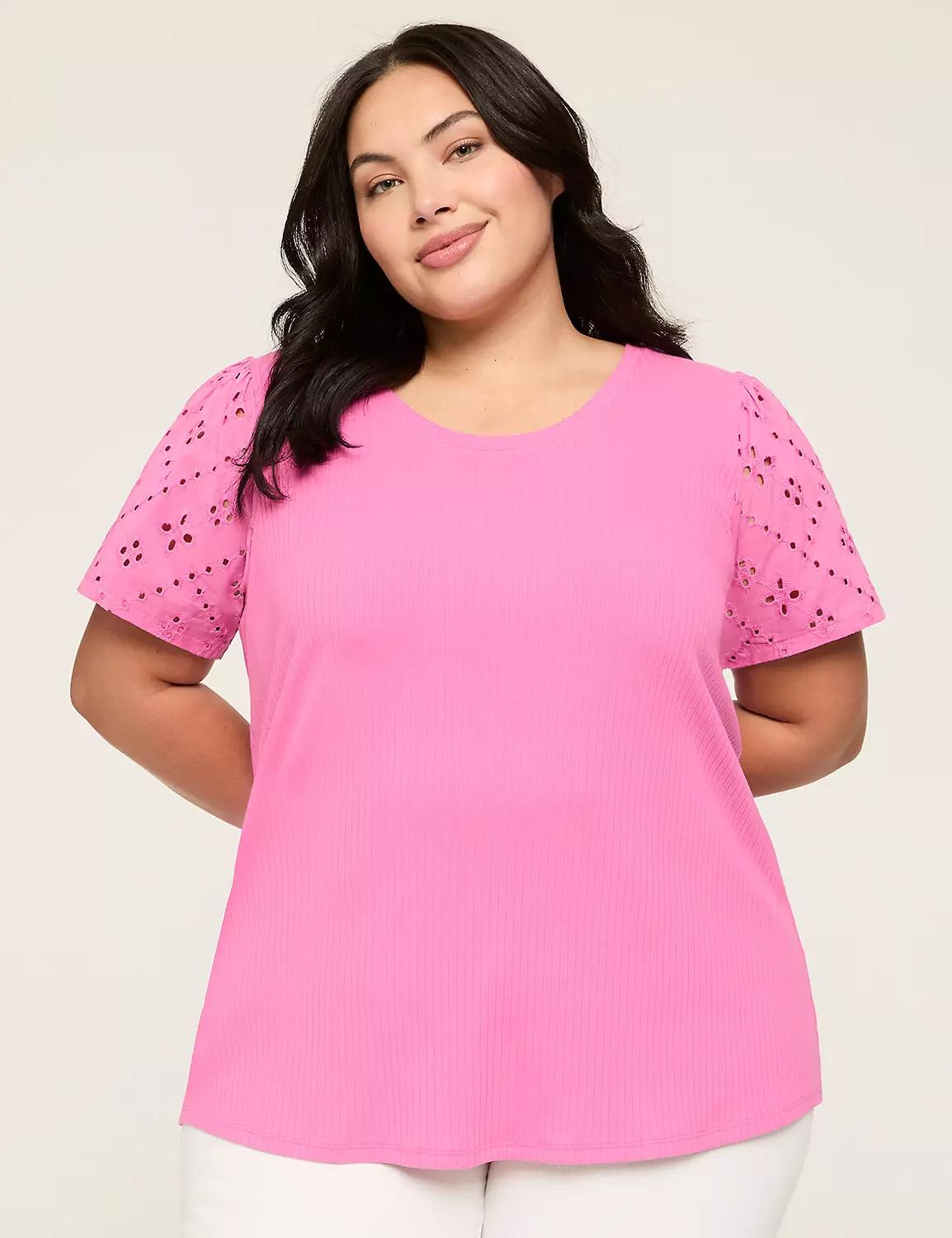 Eyelet-Sleeve Scoop Neck Rib Top Product Image