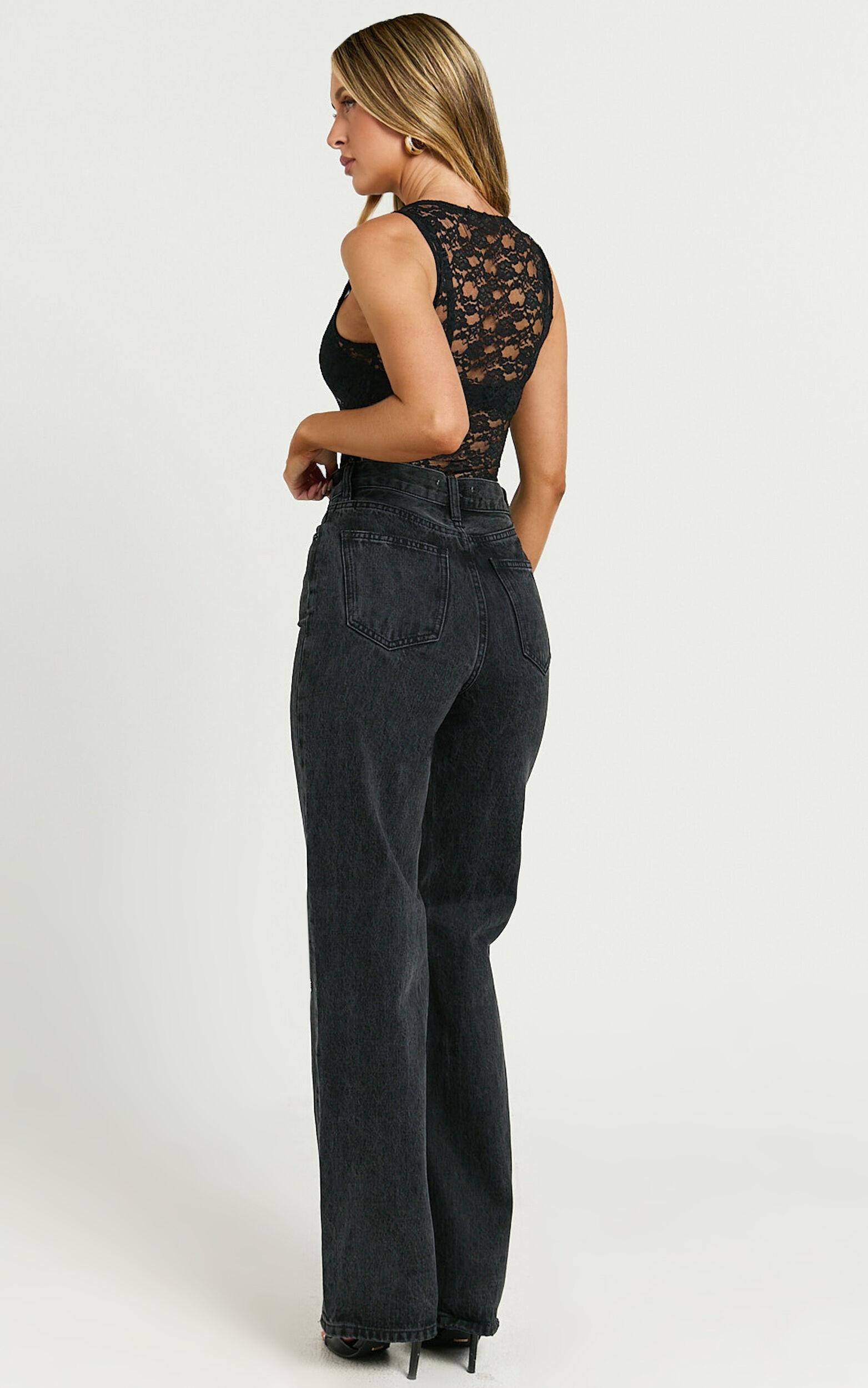 Miho Jeans - High Waisted Recycled Cotton Distressed Straight Leg Denim Jeans in Washed Black Product Image