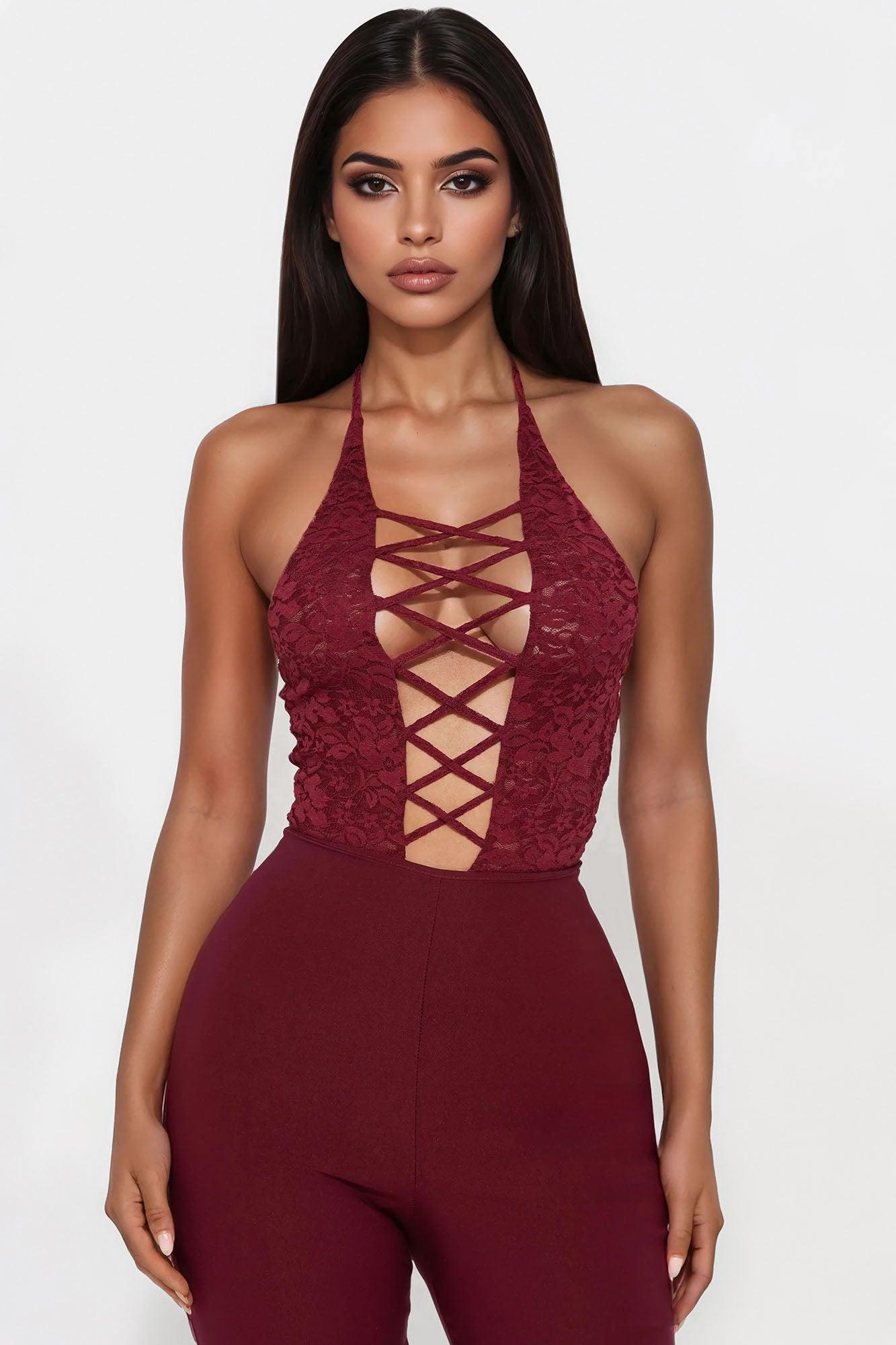 Jamie Lace Halter Bodysuit - Burgundy Female Product Image