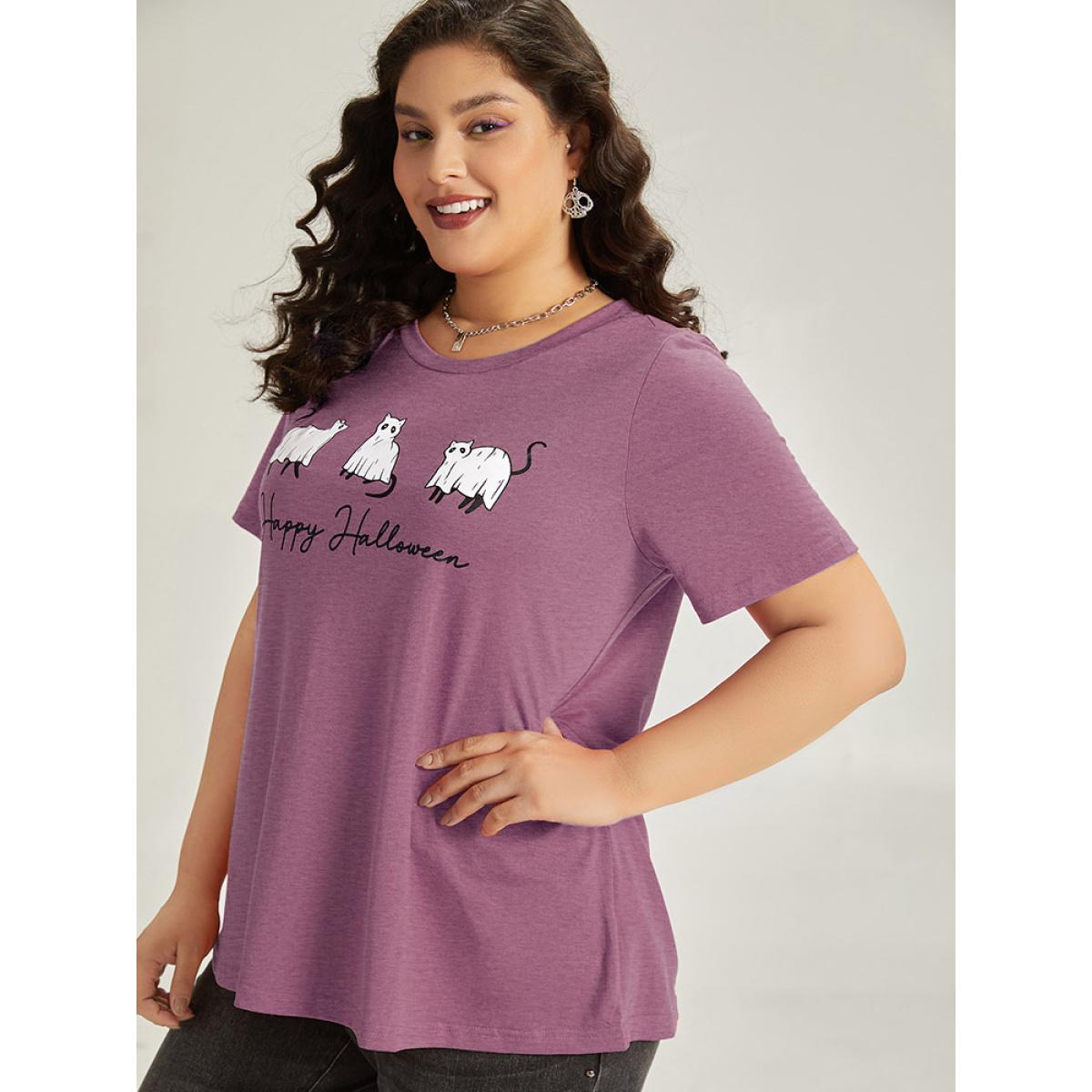 Plus Size Halloween Letter & Animals Crew Neck T-shirt DustyPink Women Casual Printed Halloween Festival-Halloween T-shirts BloomChic 10/M Product Image