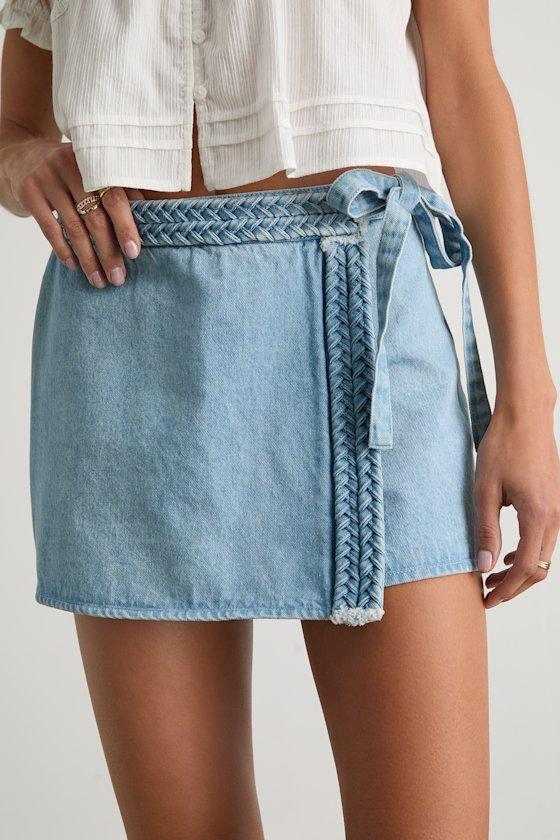 Joanie Light Wash Denim Faux-Wrap Braided Skort Product Image