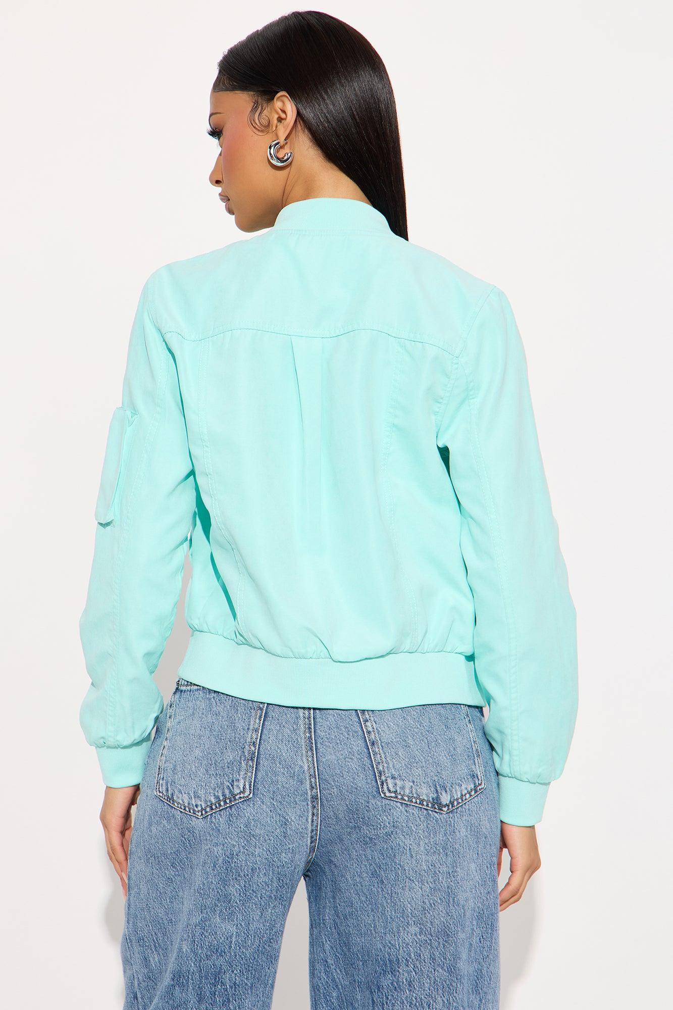 Good Vibes Faux Suede Bomber Jacket - Aqua Female Product Image