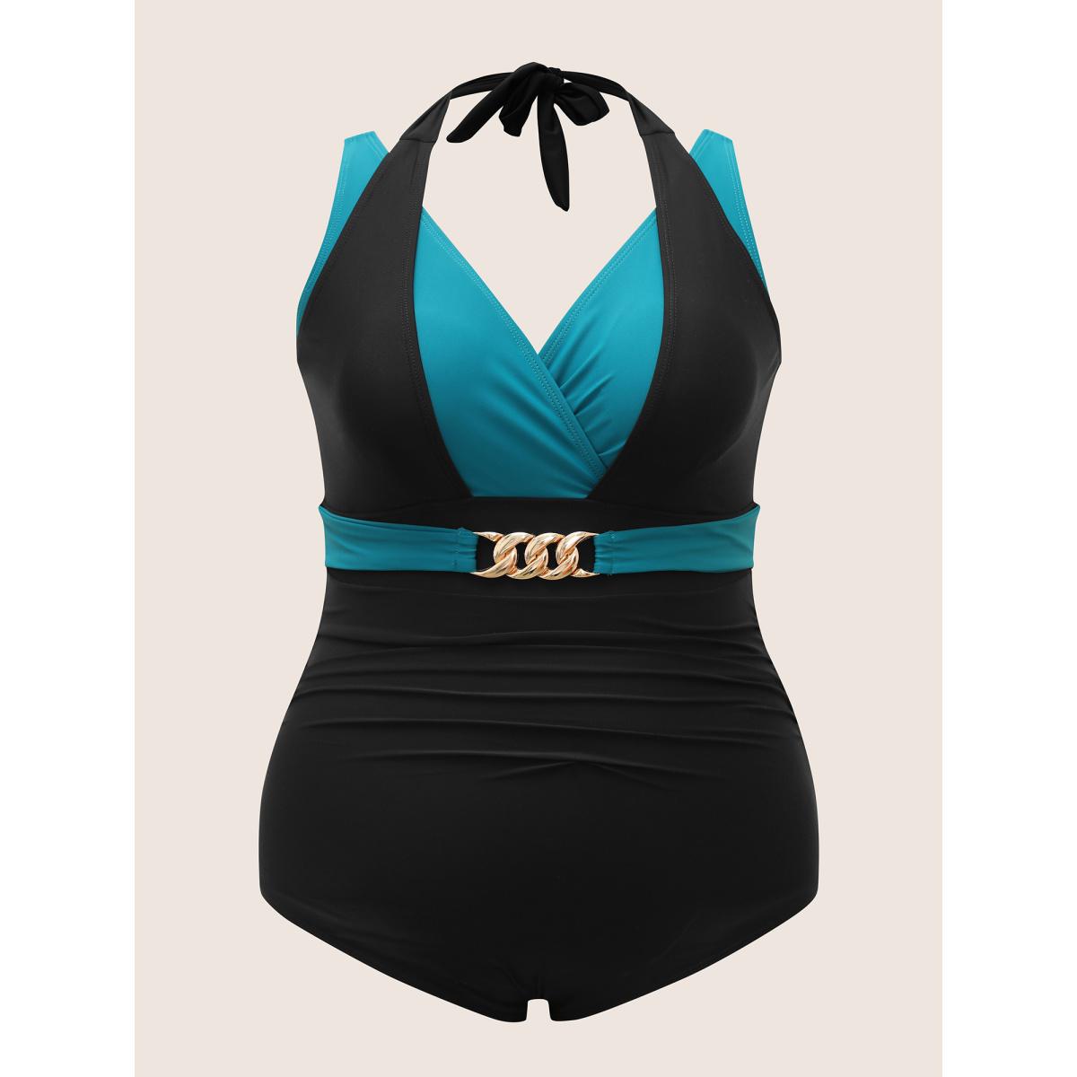 Plus Size Two Tone Metal Chain Detail One Piece Swimsuit Women's Swimwear Teal Beach Gathered Curve Bathing Suits High stretch One Pieces BloomChic 26/4X Product Image