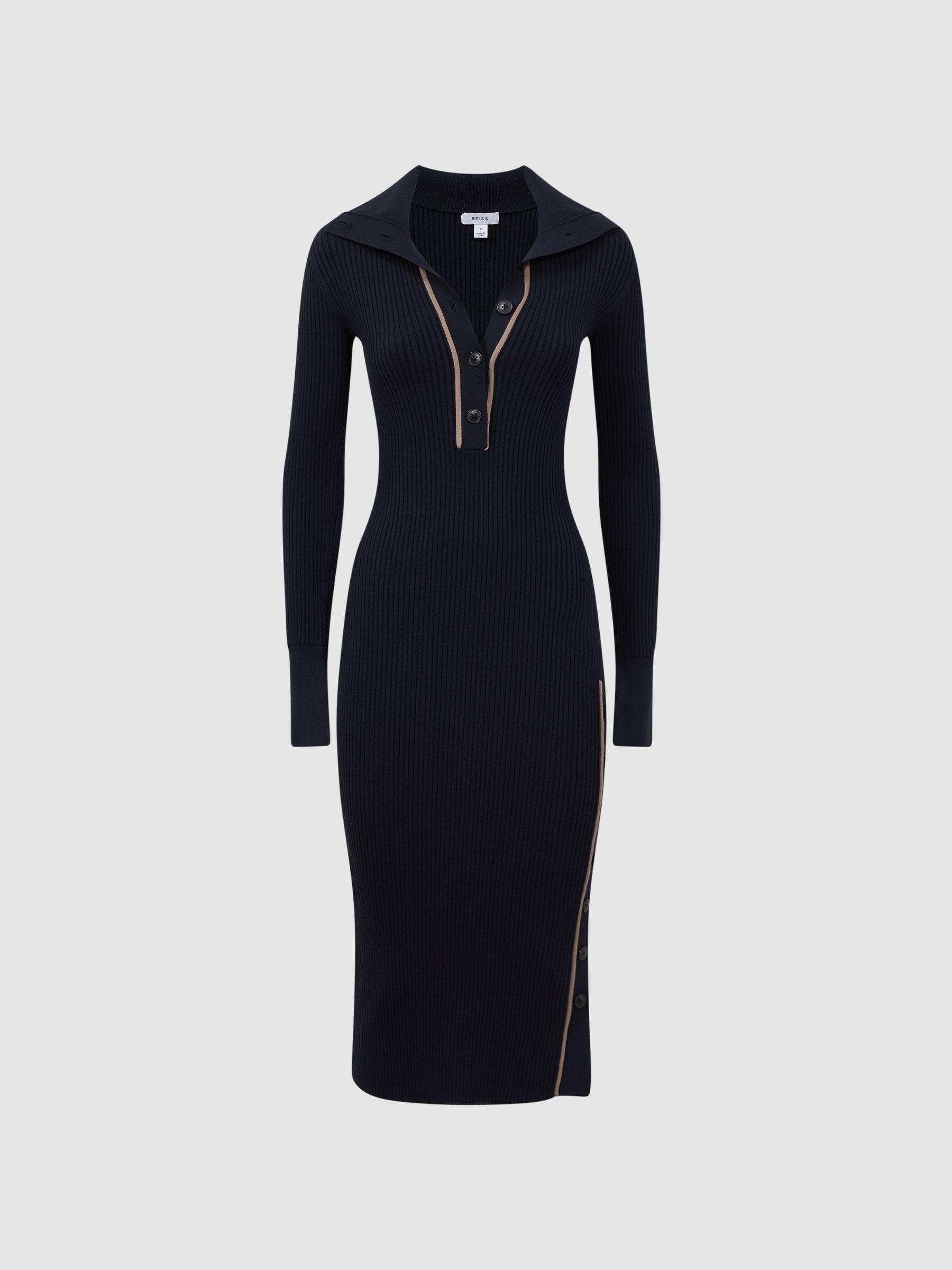 Bodycon Knitted Colourblock Midi Dress in Navy/Camel Product Image