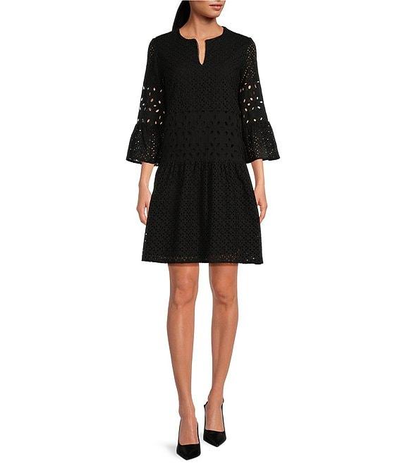 tyler boe Ingrid Eyelet Crew Neck Split V 3/4 Bell Sleeve Tiered Dress Product Image
