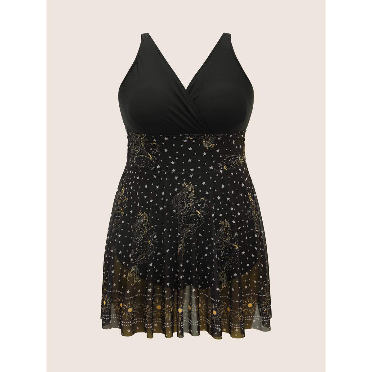 Plus Size Overlap Collar Moon & Star Patchwork Mwsh Swim Dress Women's Swimwear Black Beach Bodycon Overlap Collar High stretch Curve Swim Dresses BloomChic 30/6X Product Image