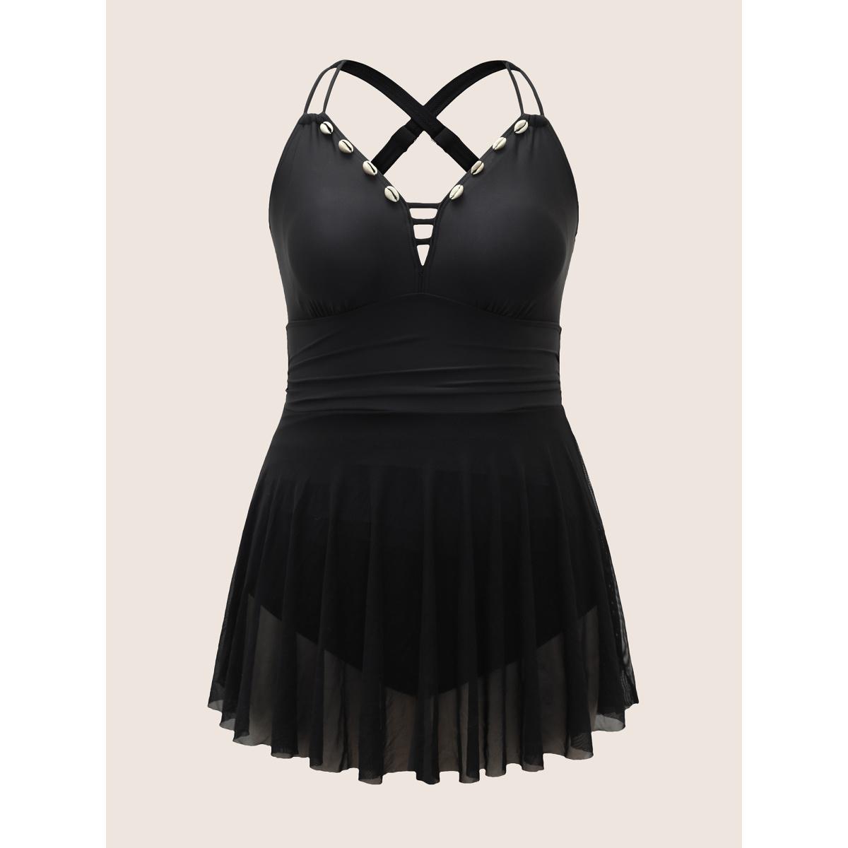 Plus Size Plain Shell Detail Cut Out Gathered Swim Dress Women's Swimwear Black Beach Bodycon V-neck No stretch Curve Swim Dresses BloomChic 18-20/2X Product Image