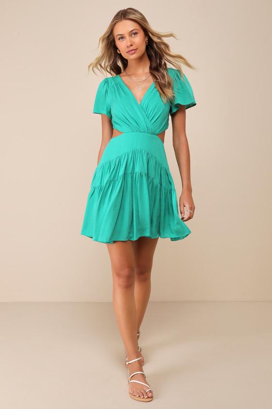 Feeling the Sunshine Green Tie-Back Flutter Sleeve Mini Dress Product Image