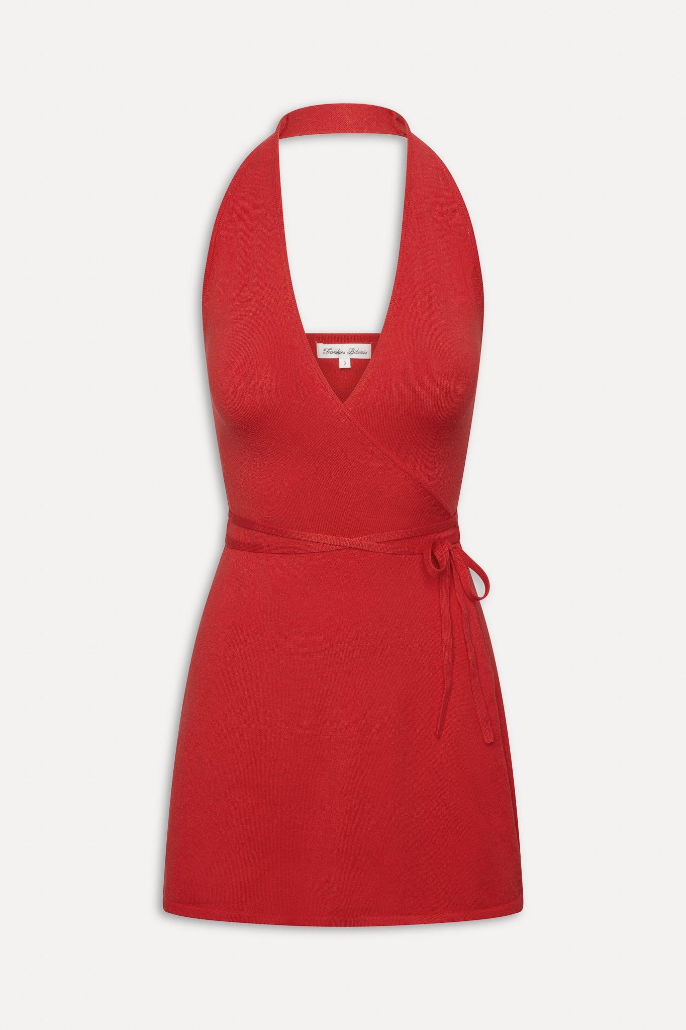 Evening Halter Wrap Mini Dress - Cherry Product Image