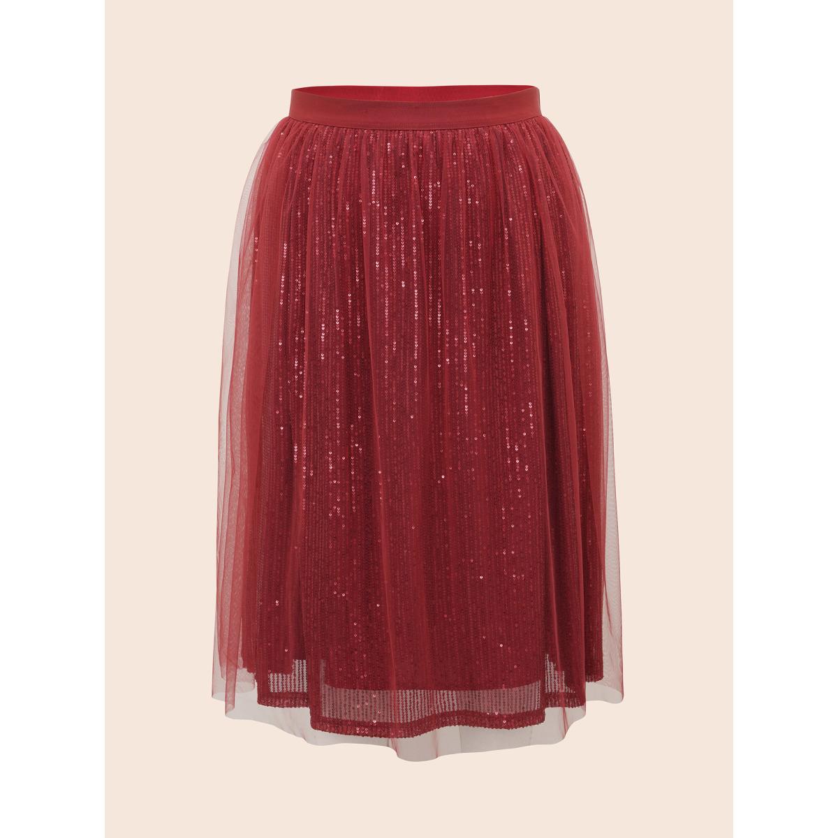 Plus Size Sequin Mesh Elastic Waist Midi Skirt Women Scarlet Formal Tiered Loose No stretch Party Skirts BloomChic 10/M Product Image