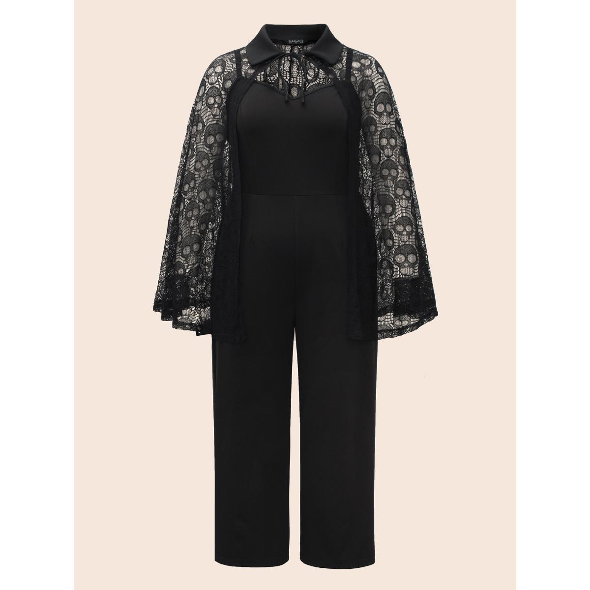 Plus Size Black Stretch Fabric Ghostly Cape With Jumpsuit Women Cocktail Sleeveless Shirt collar Party Loose Jumpsuits BloomChic 14-16/1X Product Image