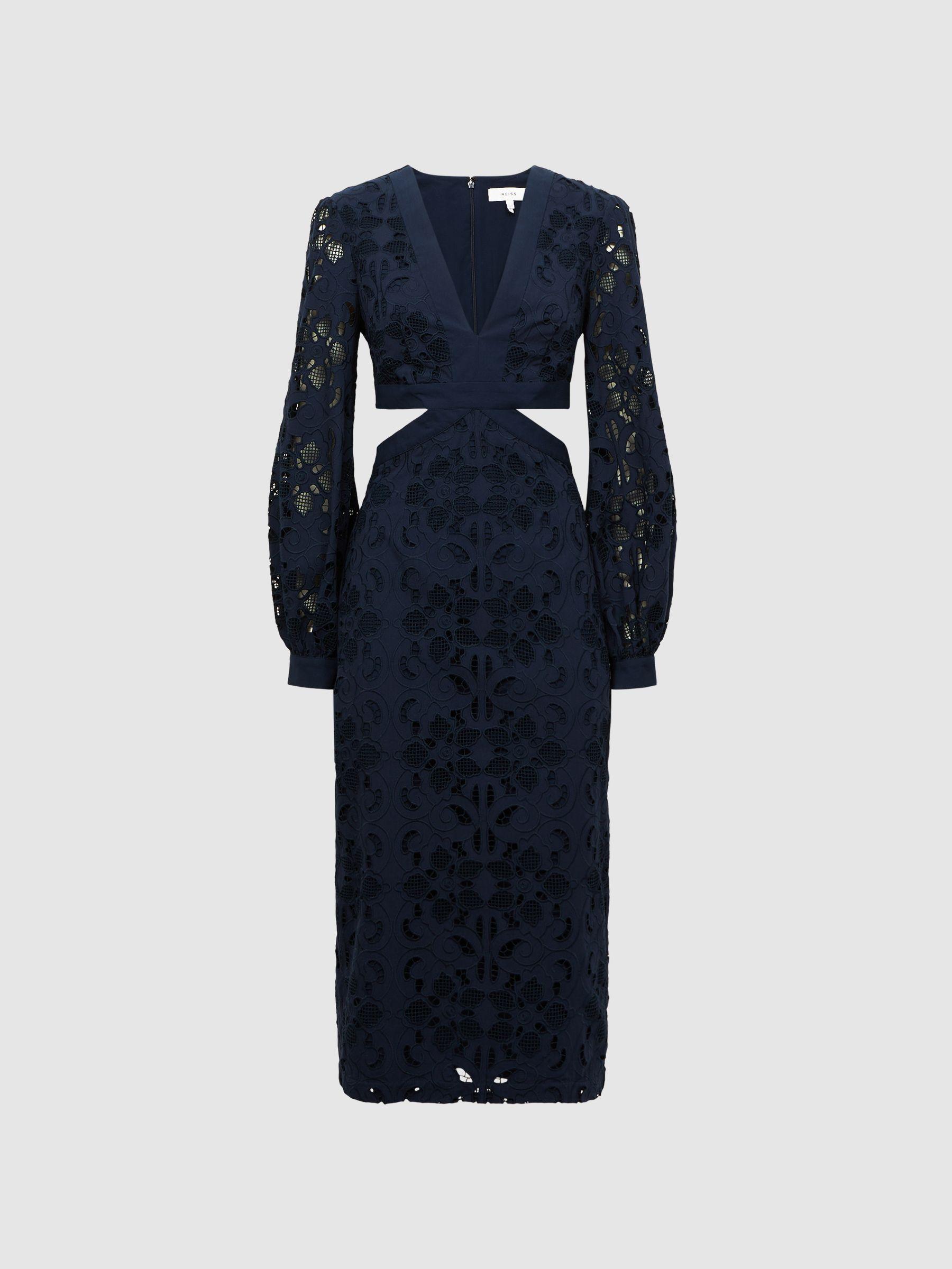 Lace Cut-Out Midi Dress in Navy Product Image
