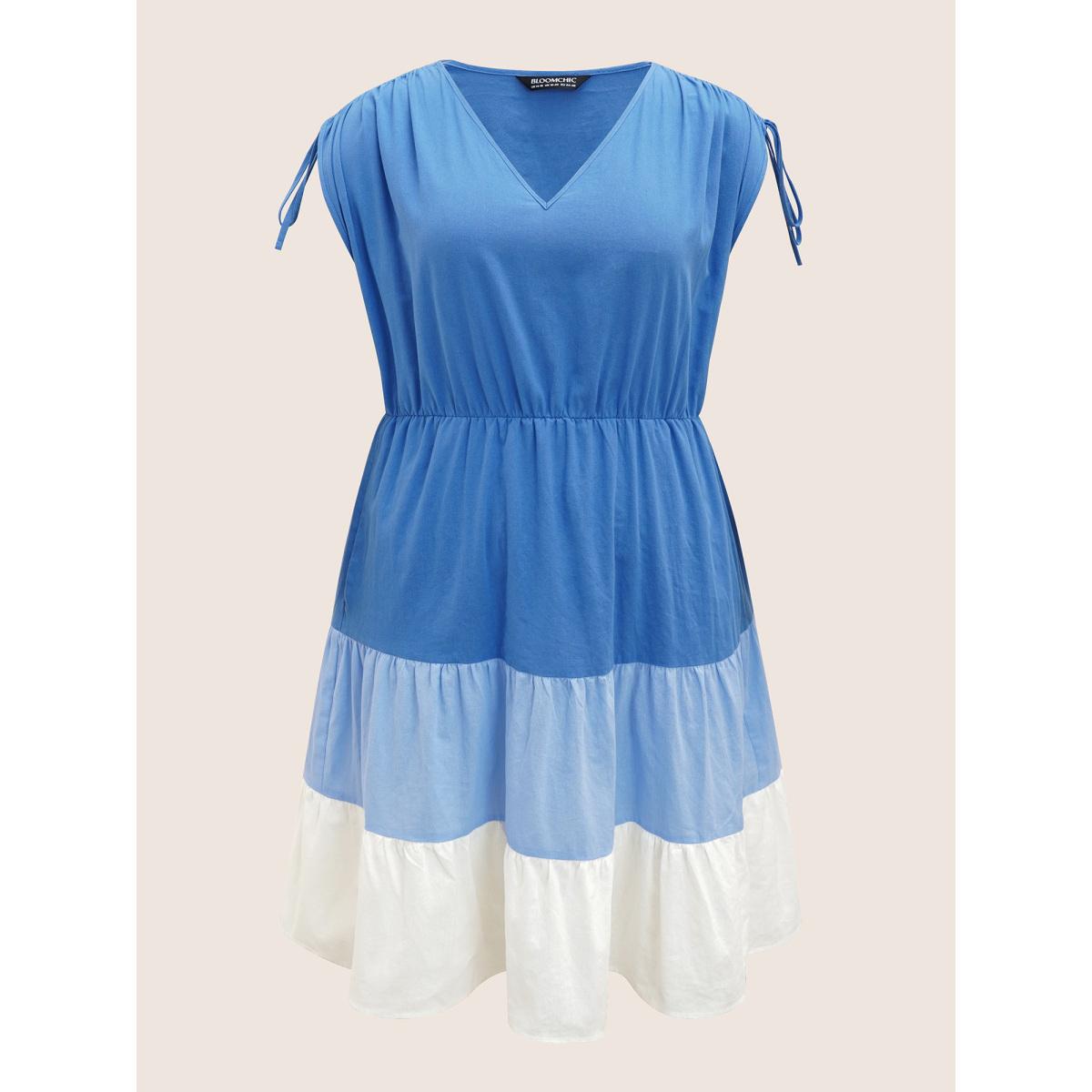 Plus Size V Neck Colorblock Contrast Drawstring Dress Brightblue Women Casual Contrast V-neck Sleeveless Curvy BloomChic 14-16/1X Product Image