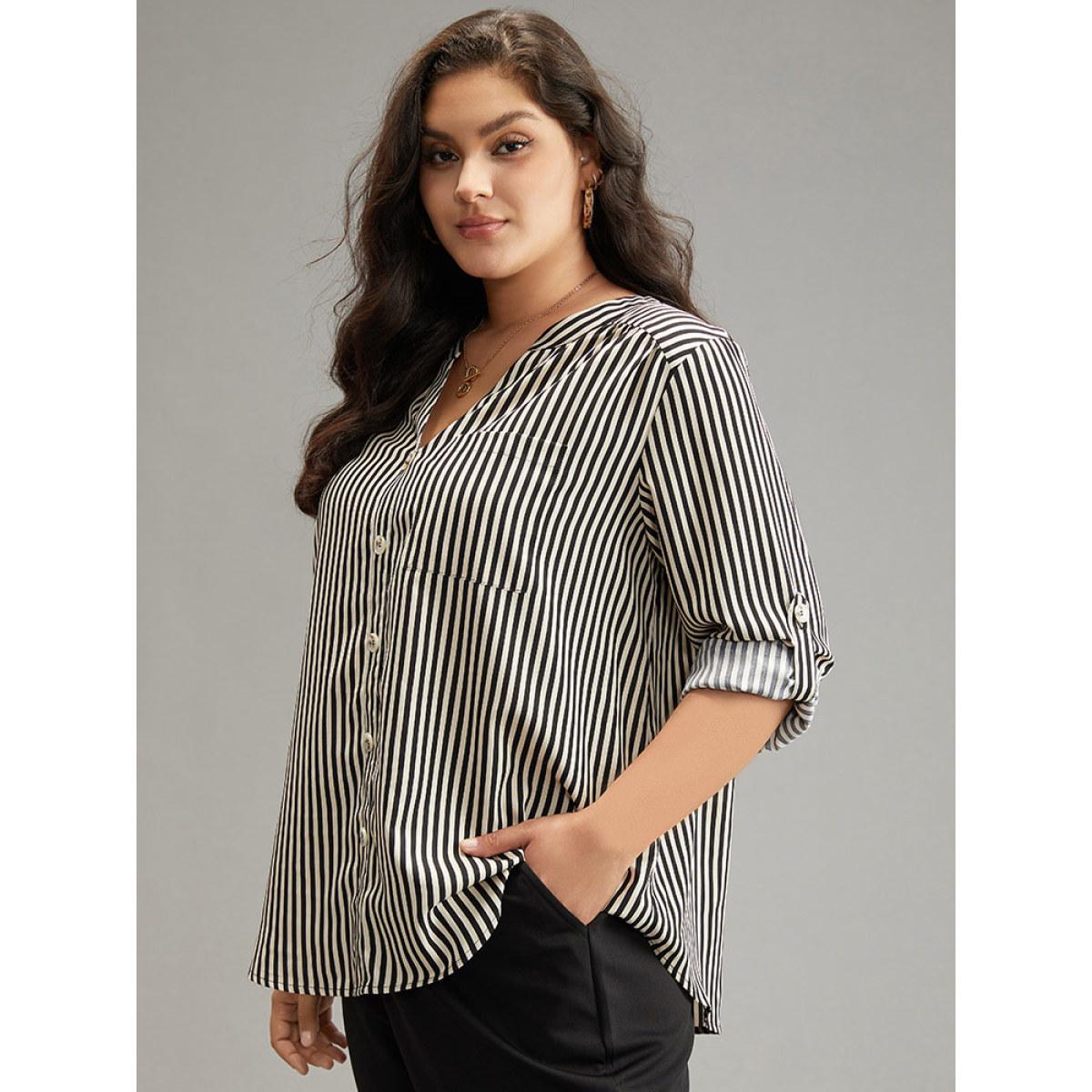 Plus Size LightBrown Striped Notched Button Through Blouse Women Office Long Sleeve Shirt collar Work Blouses BloomChic 30/6X Product Image