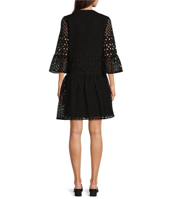 tyler boe Ingrid Eyelet Crew Neck Split V 3/4 Bell Sleeve Tiered Dress Product Image
