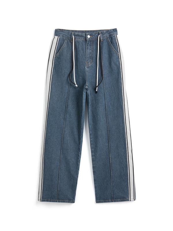 Washed Splice Piping Detail Drawstring Boyfriend Jeans Product Image