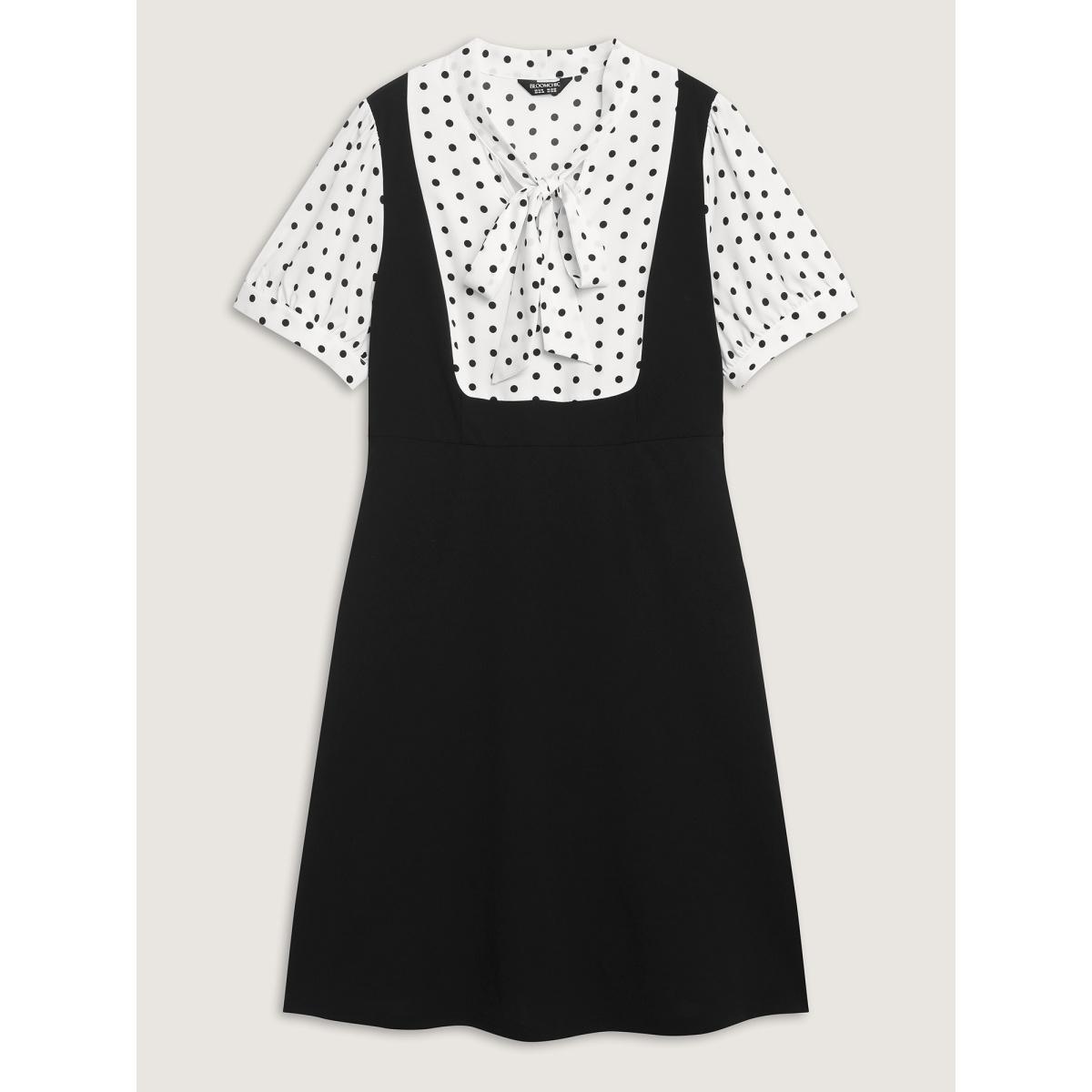 Plus Size 2-In-1 Polka Dots Overall Midi Dress Black Women Retro Ribbon-tied collar Short sleeve Curvy BloomChic 10/M Product Image