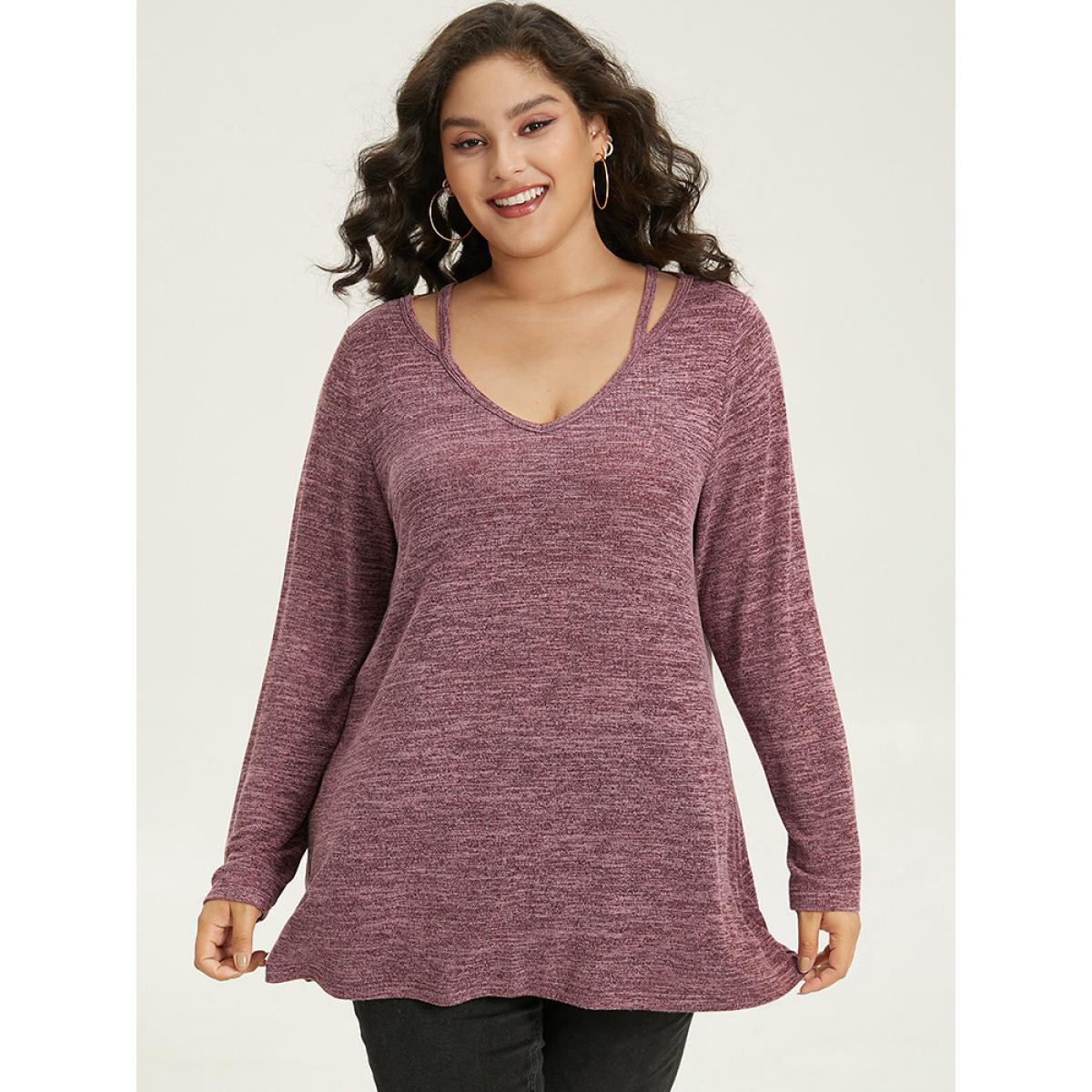 Plus Size Solid Heather V Neck Cut Out T-shirt Burgundy Women Casual Heather Plain V-neck Everyday T-shirts BloomChic 18-20/2X Product Image