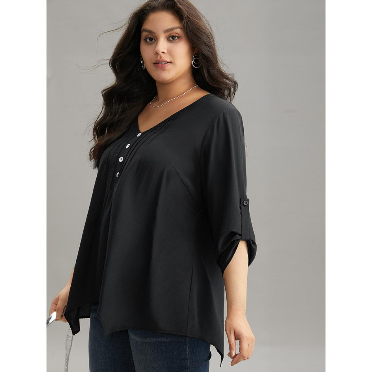 Plus Size Black Solid Button Detail Pleated Hanky Hem Blouse Women Office Elbow-length sleeve V-neck Work Blouses BloomChic 22-24/3X Product Image