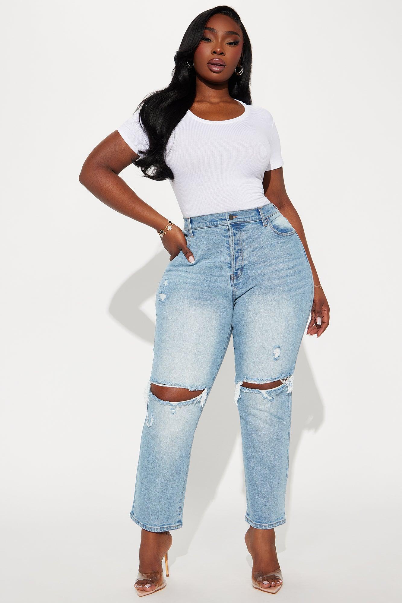 Petite As You Please Ripped Straight Leg Jeans - Light Blue Wash Product Image