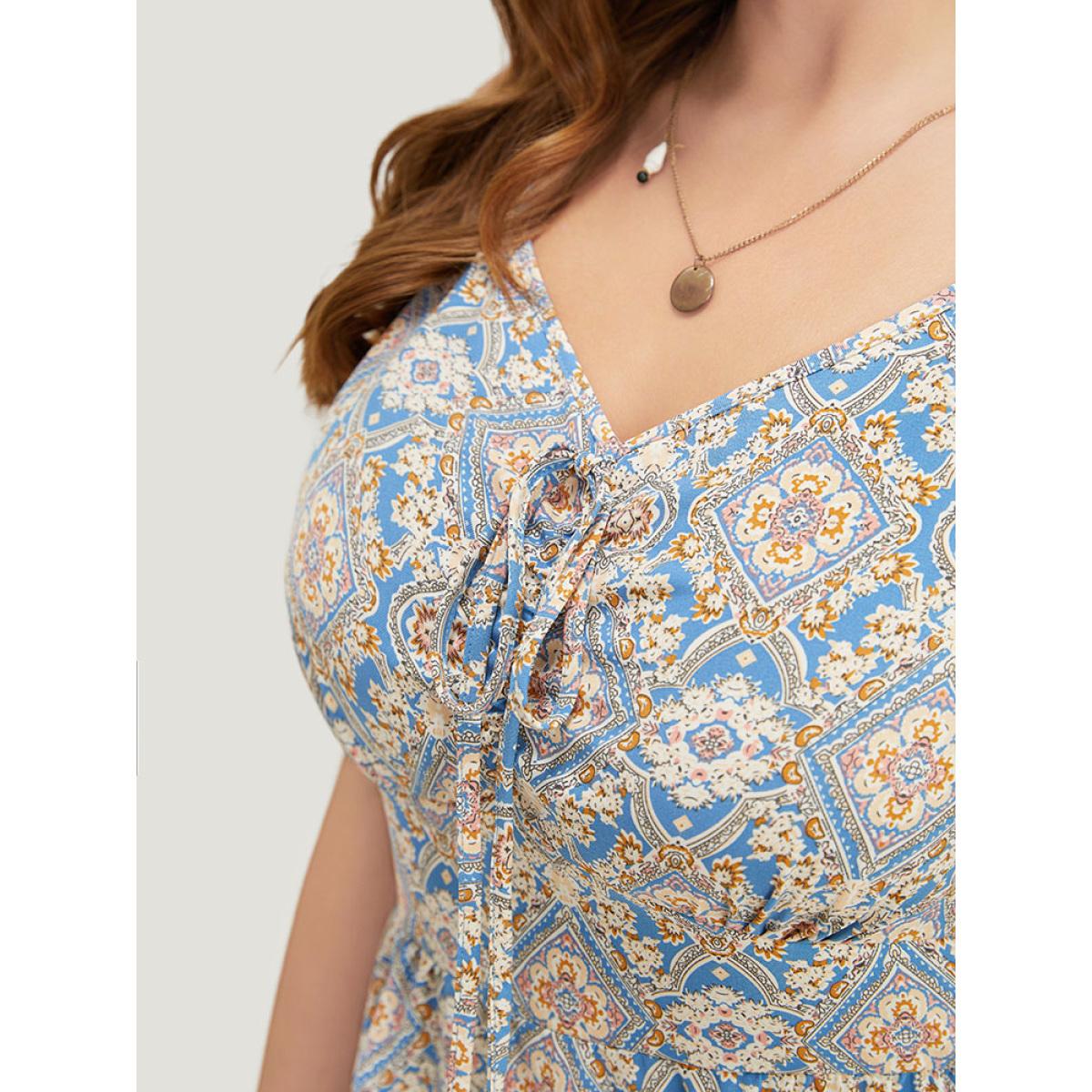 Plus Size Bandana Knotted Pocket Ruffle Hem Empire Waist Cami Dress Multicolor Women Vacation Adjustable Straps V-neck Sleeveless Curvy Midi Dress BloomChic 18-20/2X Product Image